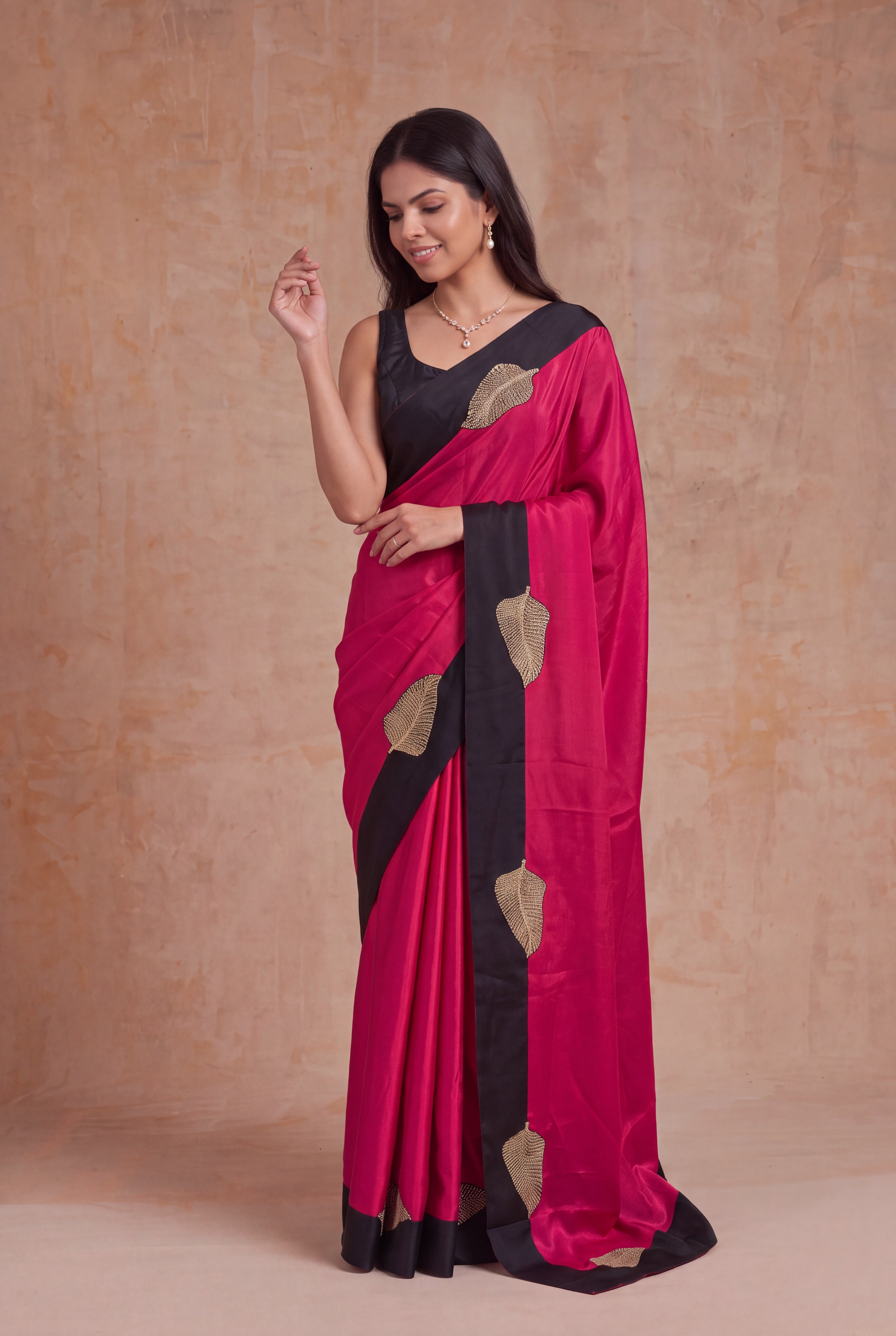 Rani Pink Satin Silk Saree with Black Sequin Border