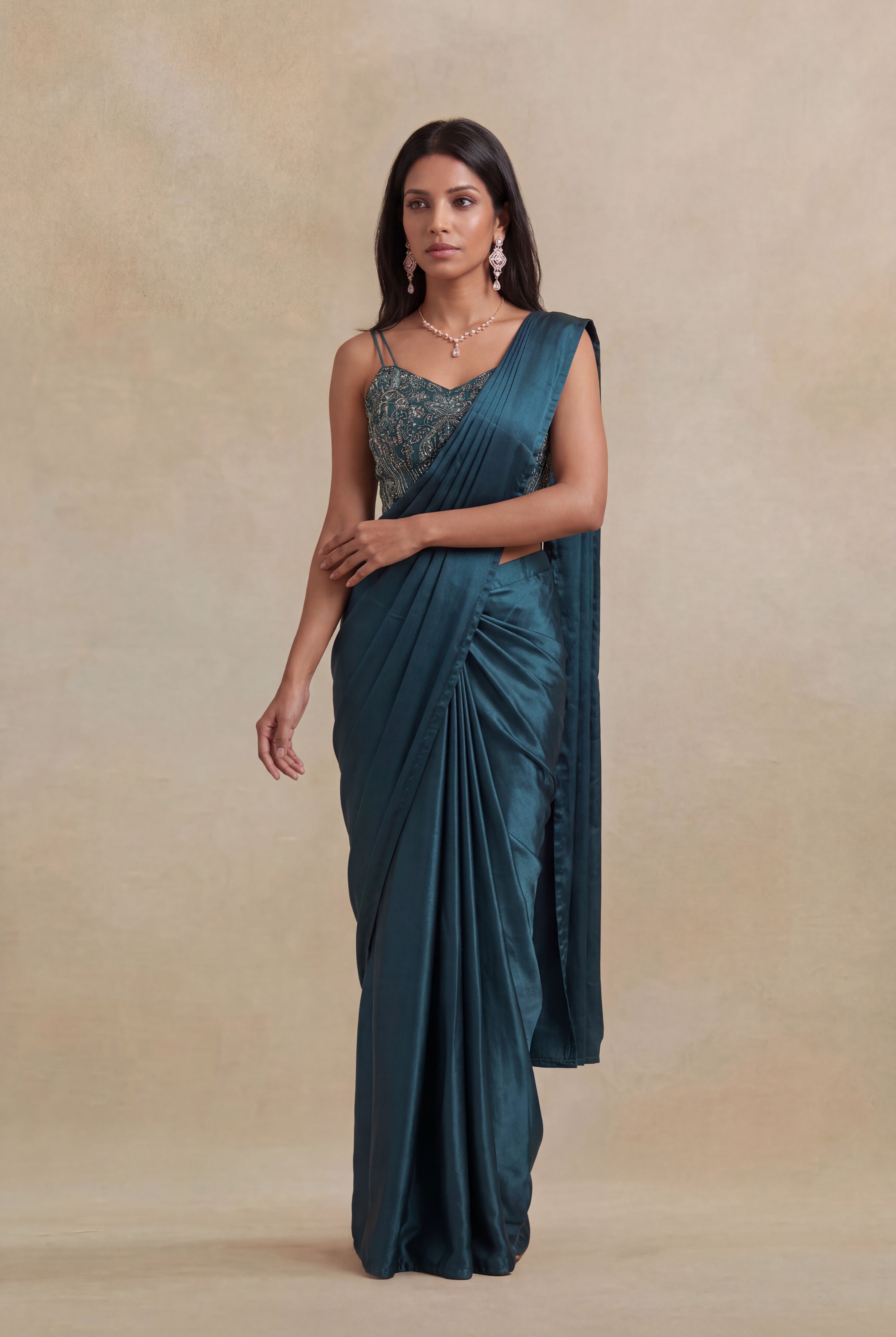 Bottle Green Satin Silk Pre-Draped Saree