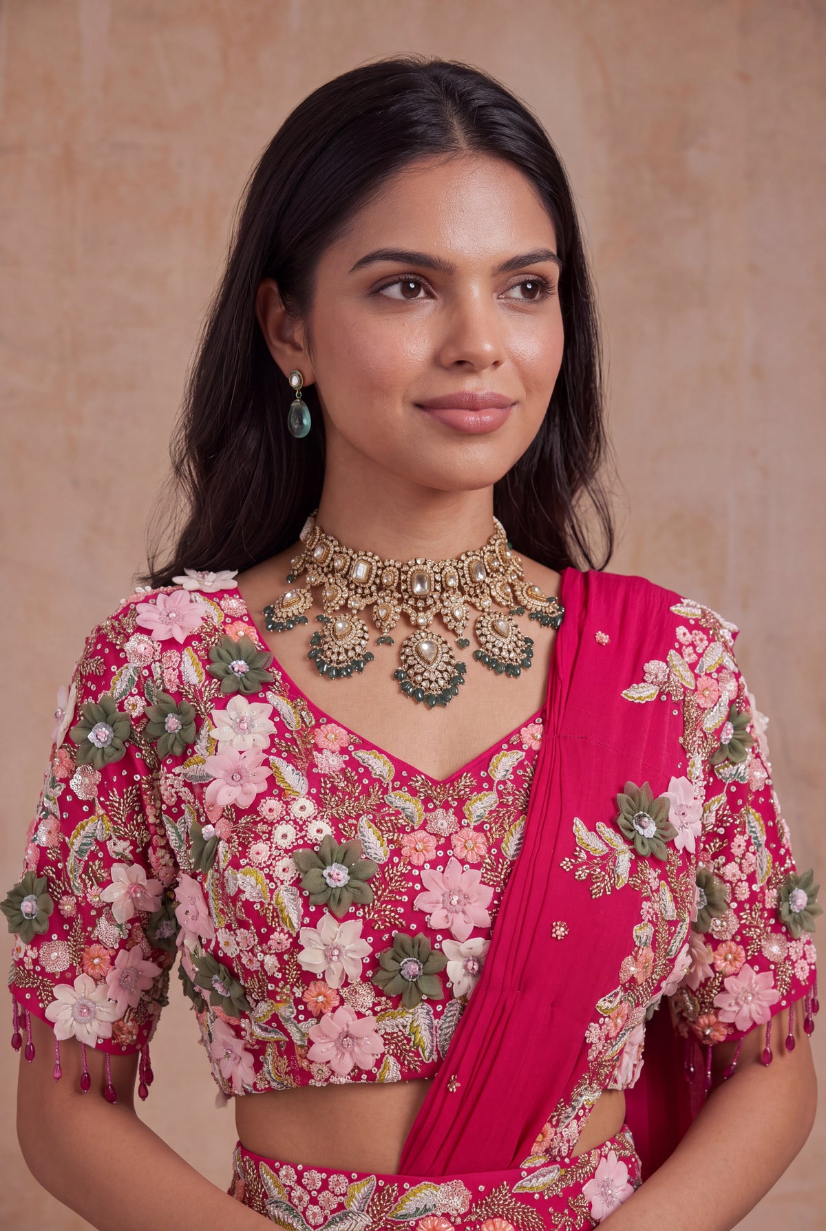 Pink Crepe Half Saree Lehenga with 3D Floral Work - Mokshaa