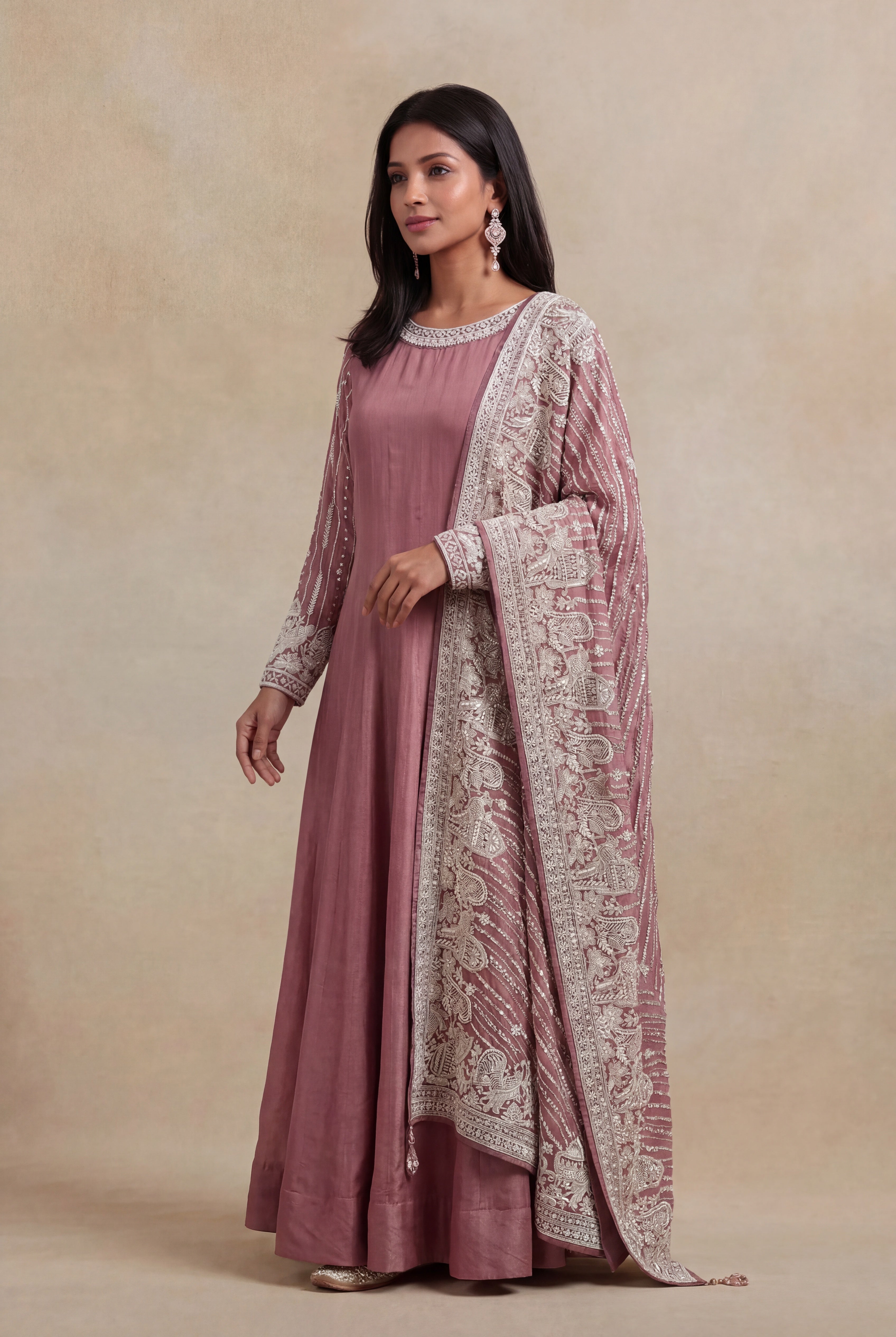 Dark Peach Grape Fabric Embroidered Anarkali Suit