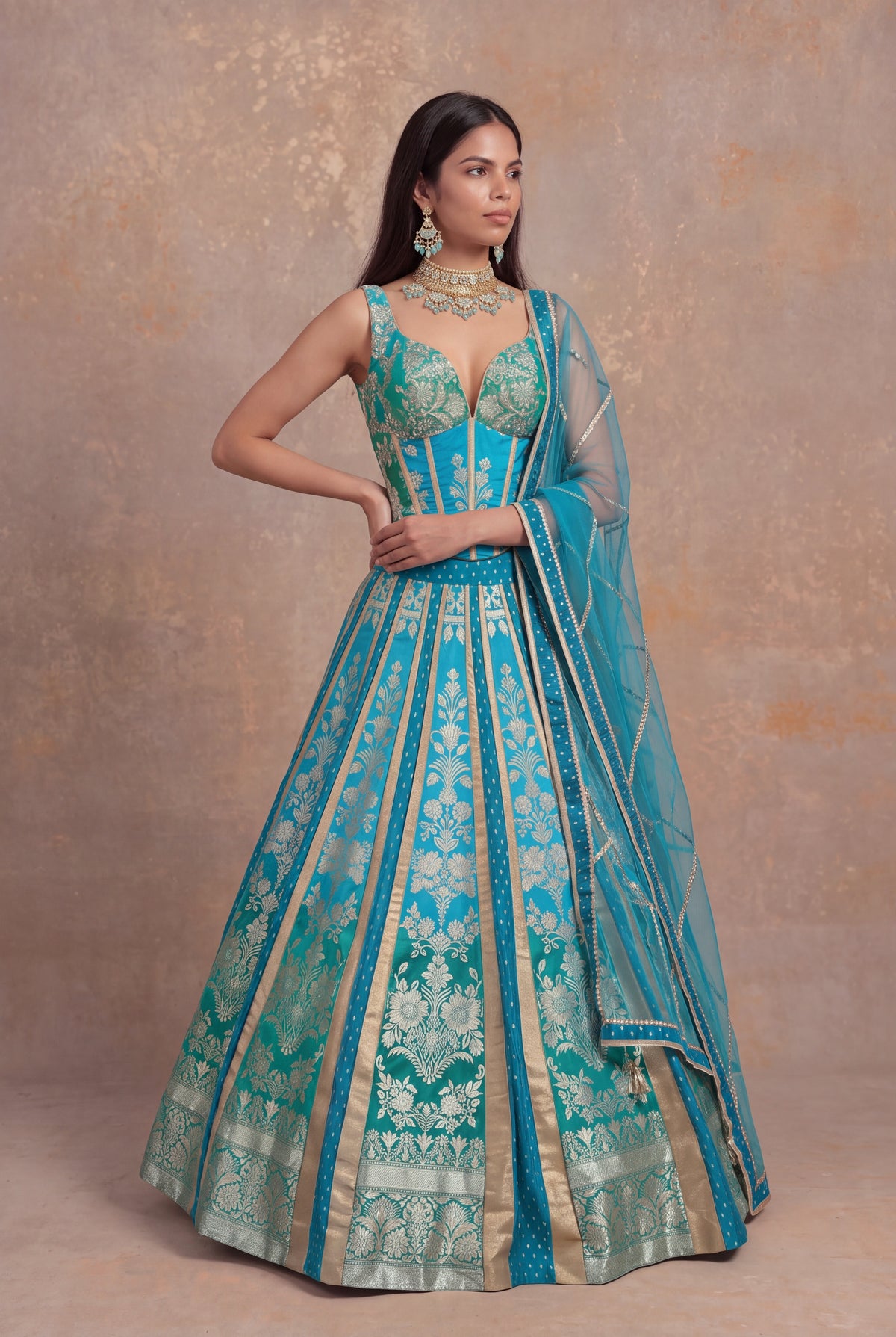 Turquoise Teal Ombre Banarasi Silk Lehenga Set - Mokshaa