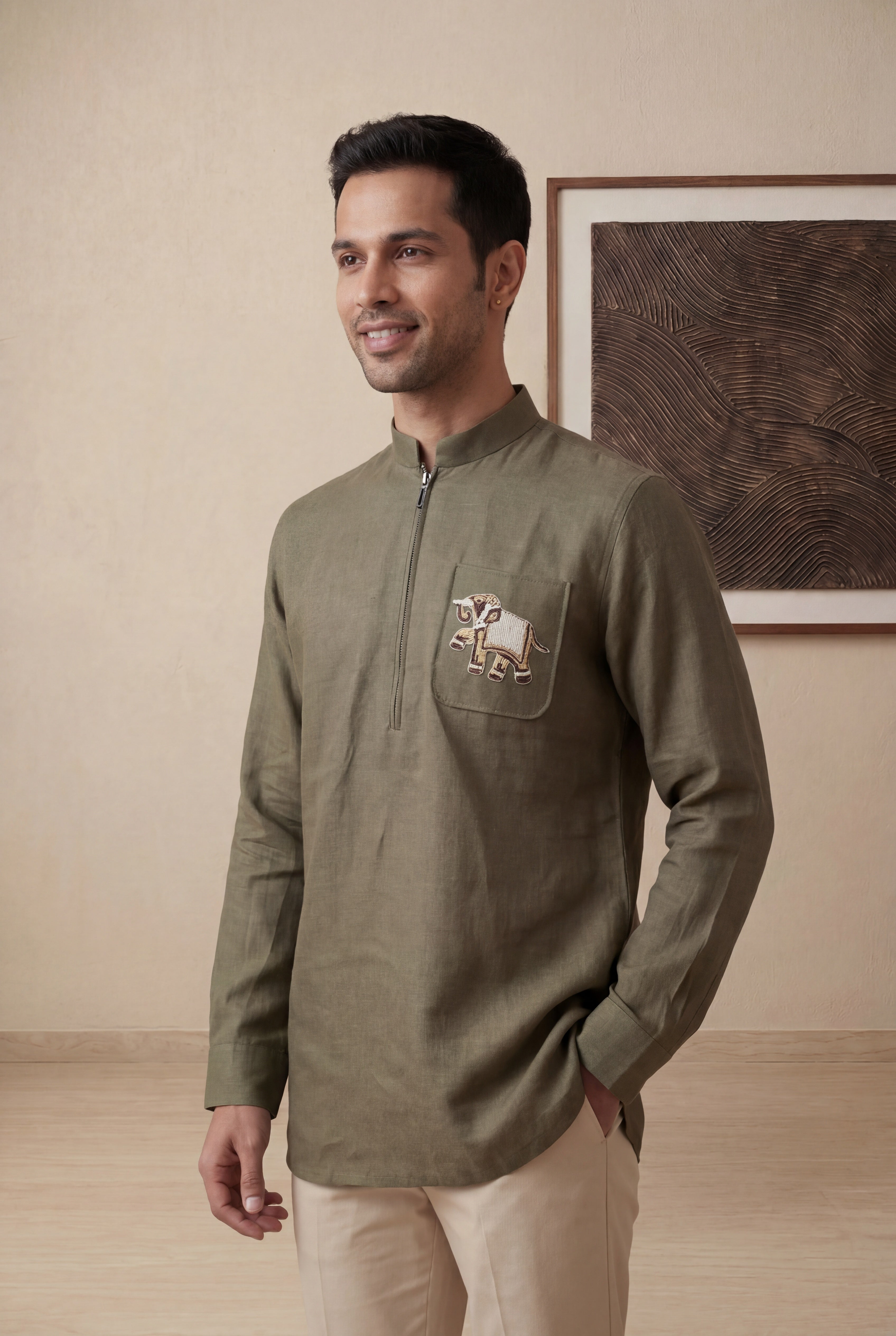 Mehendi Green Linen Short Kurta with Elephant Embroidery