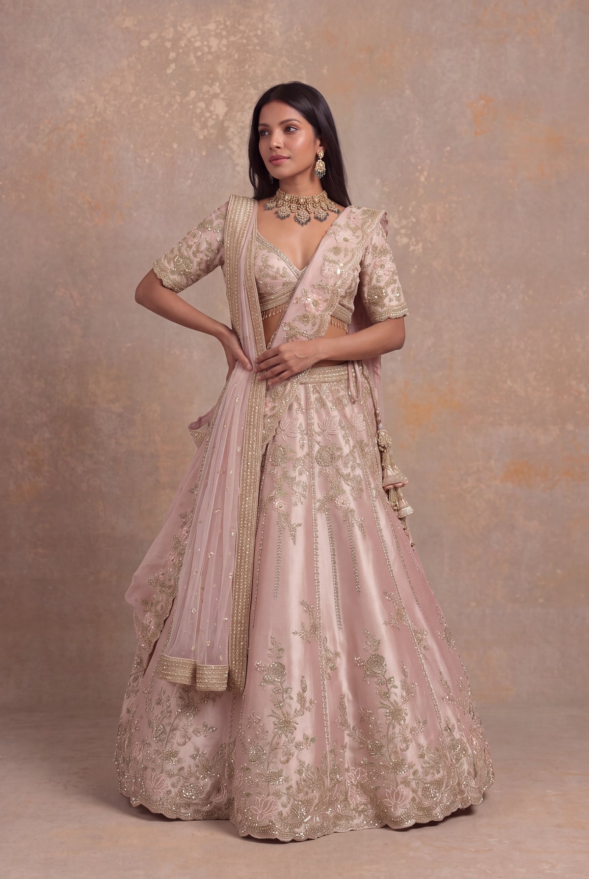 Baby Pink Tissue Silk Lehenga Set with Thread and Zardozi Work - Mokshaa