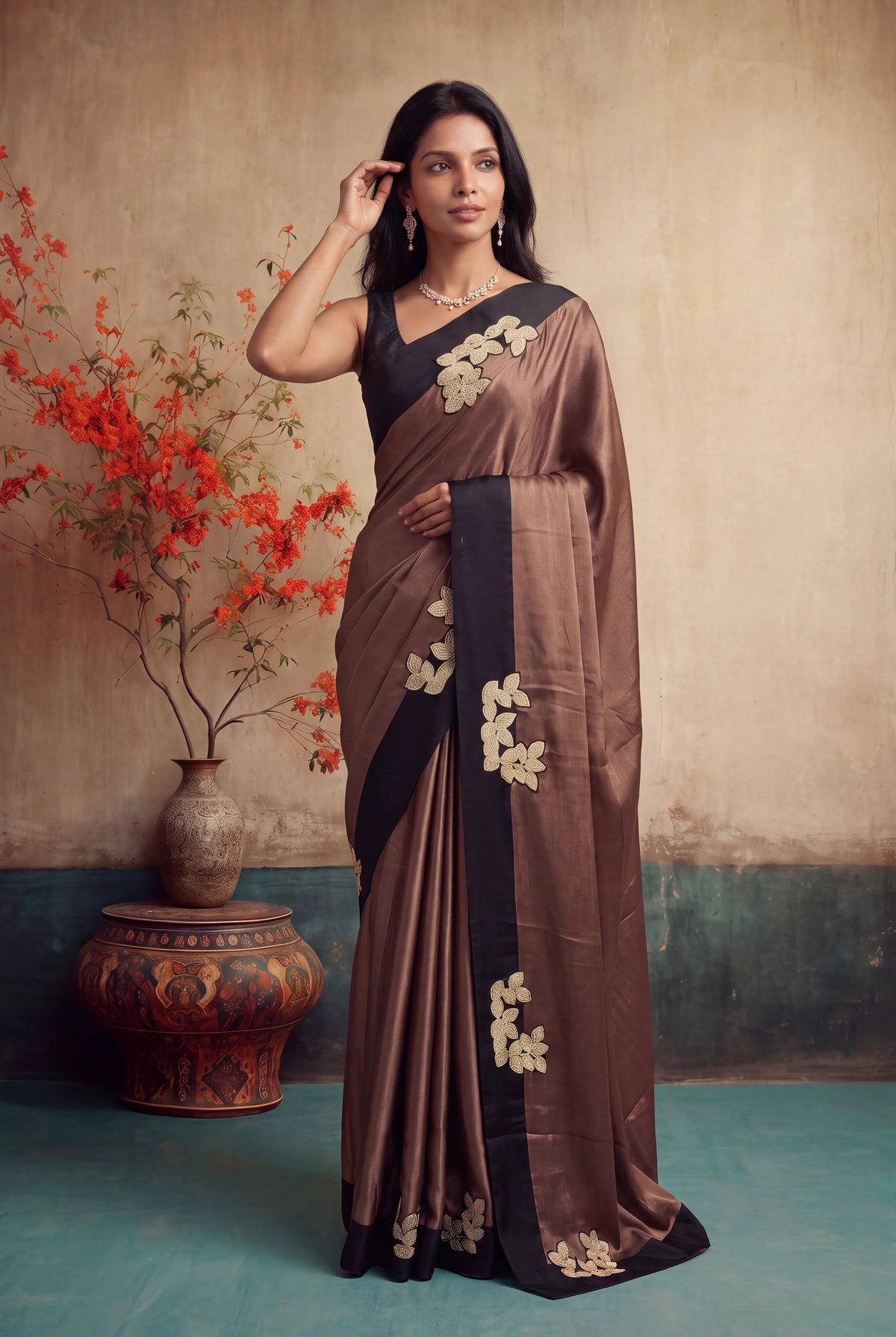 Mocha Brown Crepe Silk Saree - Mokshaa