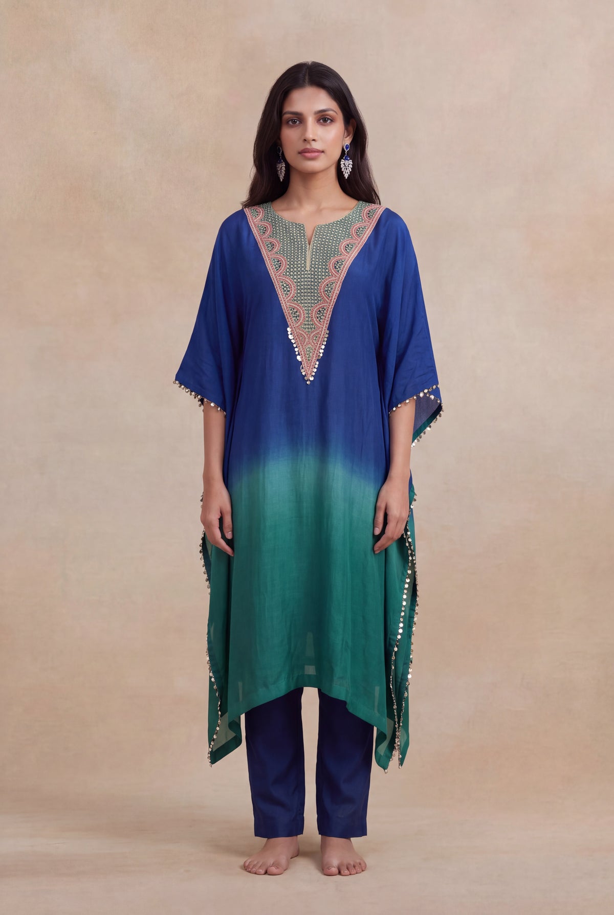 Blue & Emerald Raw Silk Embellished Kaftan Set - Mokshaa