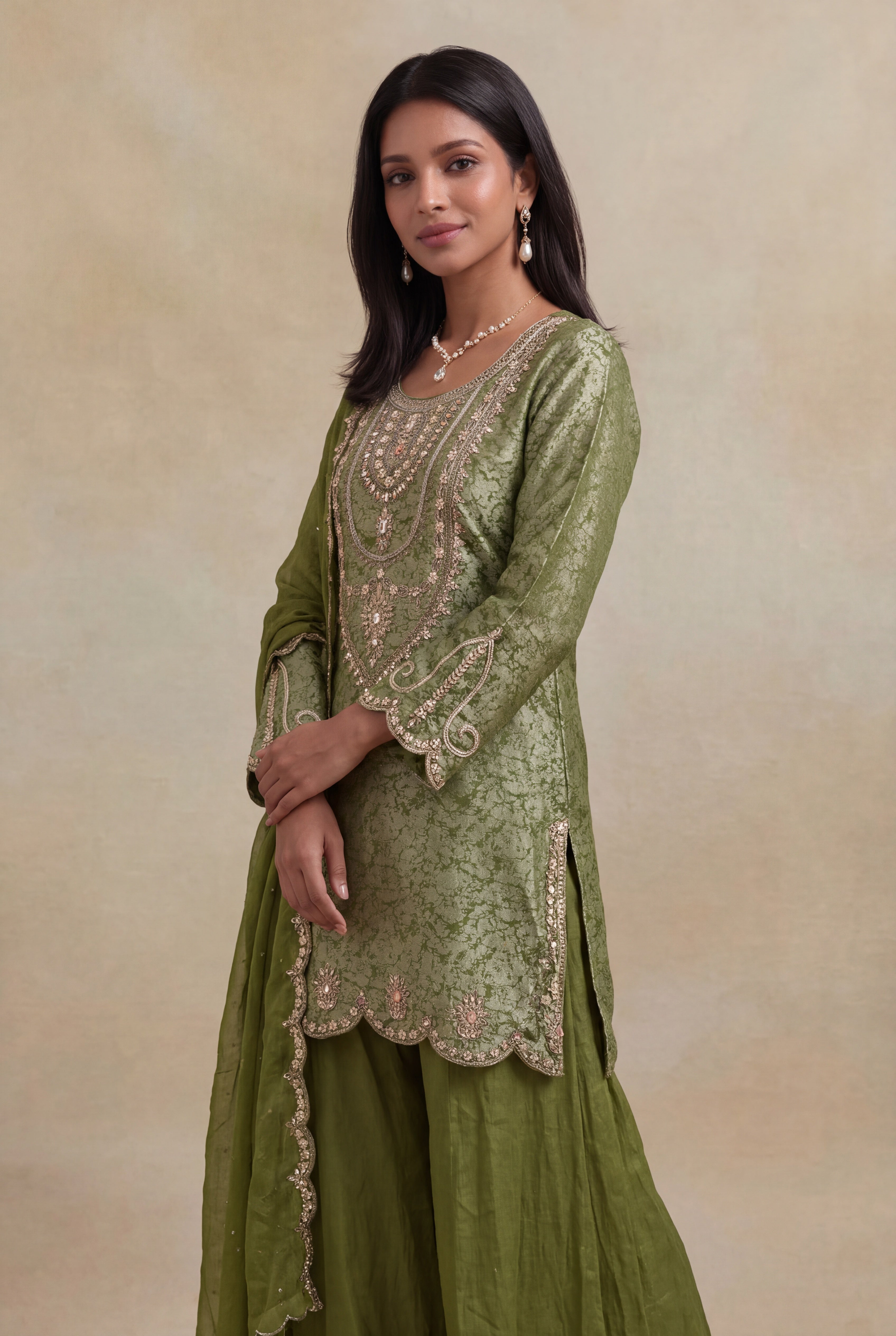 Parrot Green Tissue Short Kurta Sharara Set