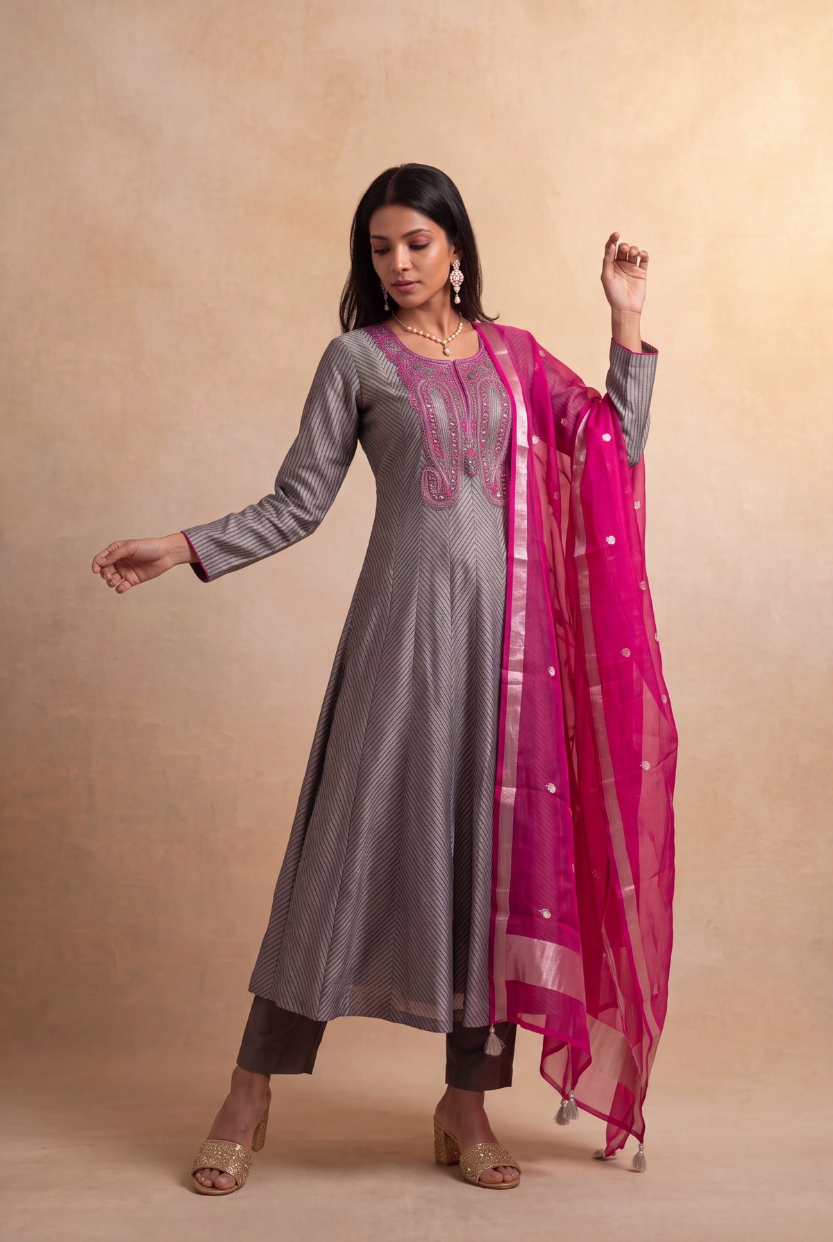 Grey Silk Anarkali Set - Mokshaa