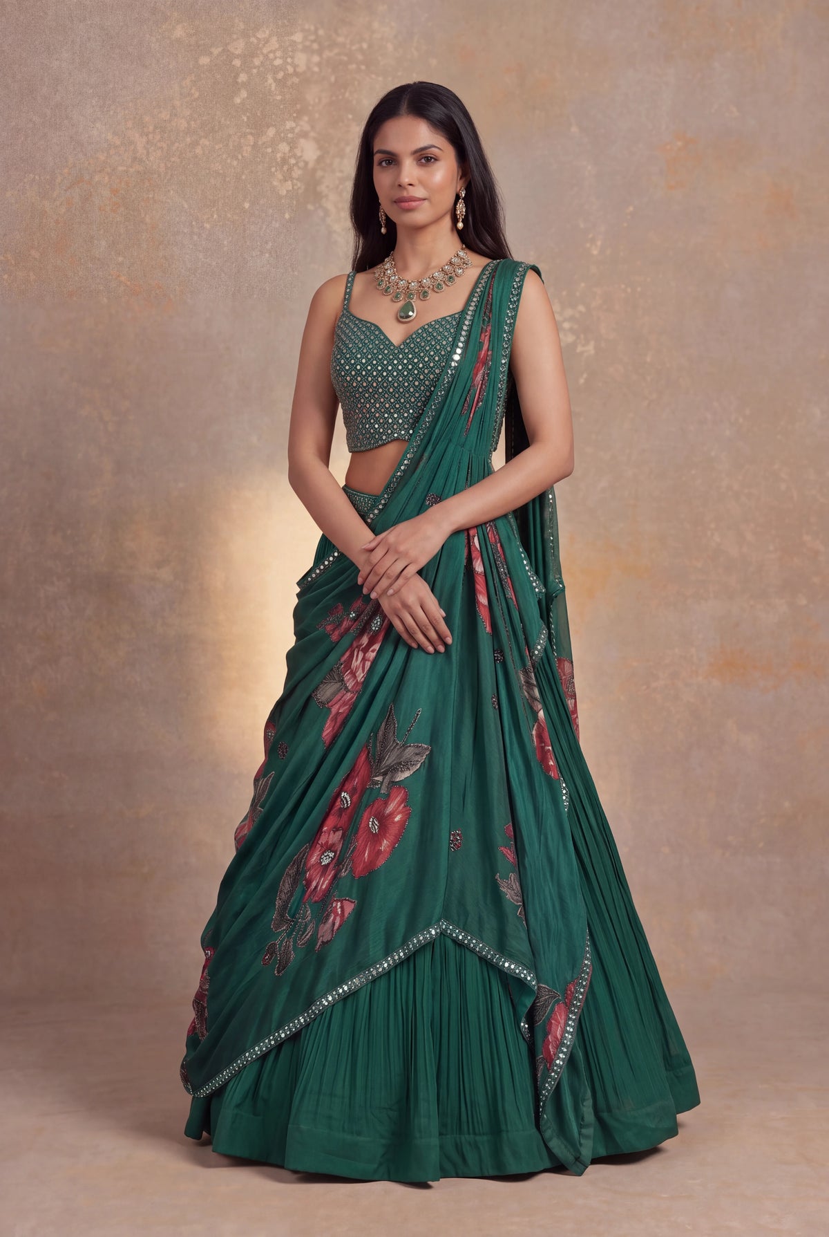 Bottle Green Georgette Draped Lehenga - Mokshaa