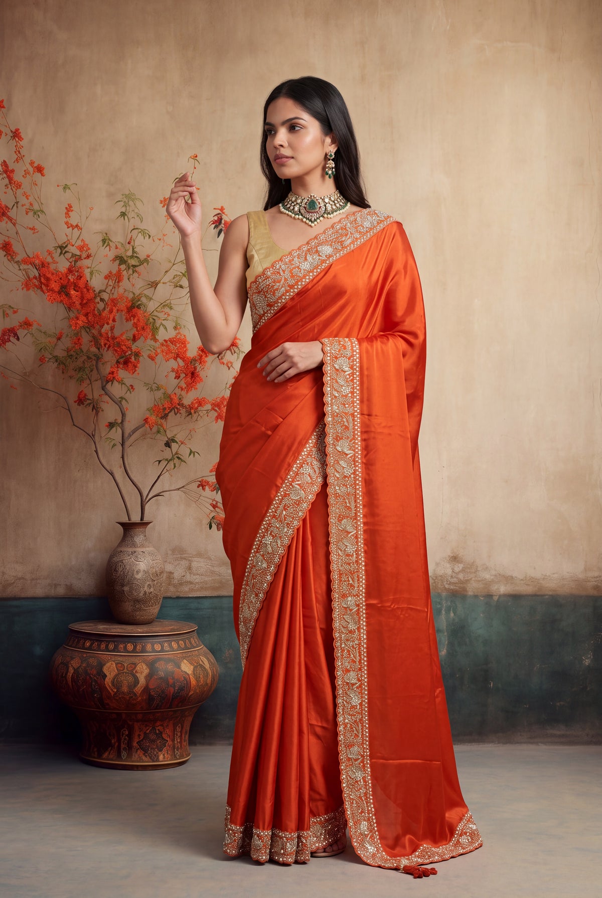 Orange Satin Silk Saree - Mokshaa