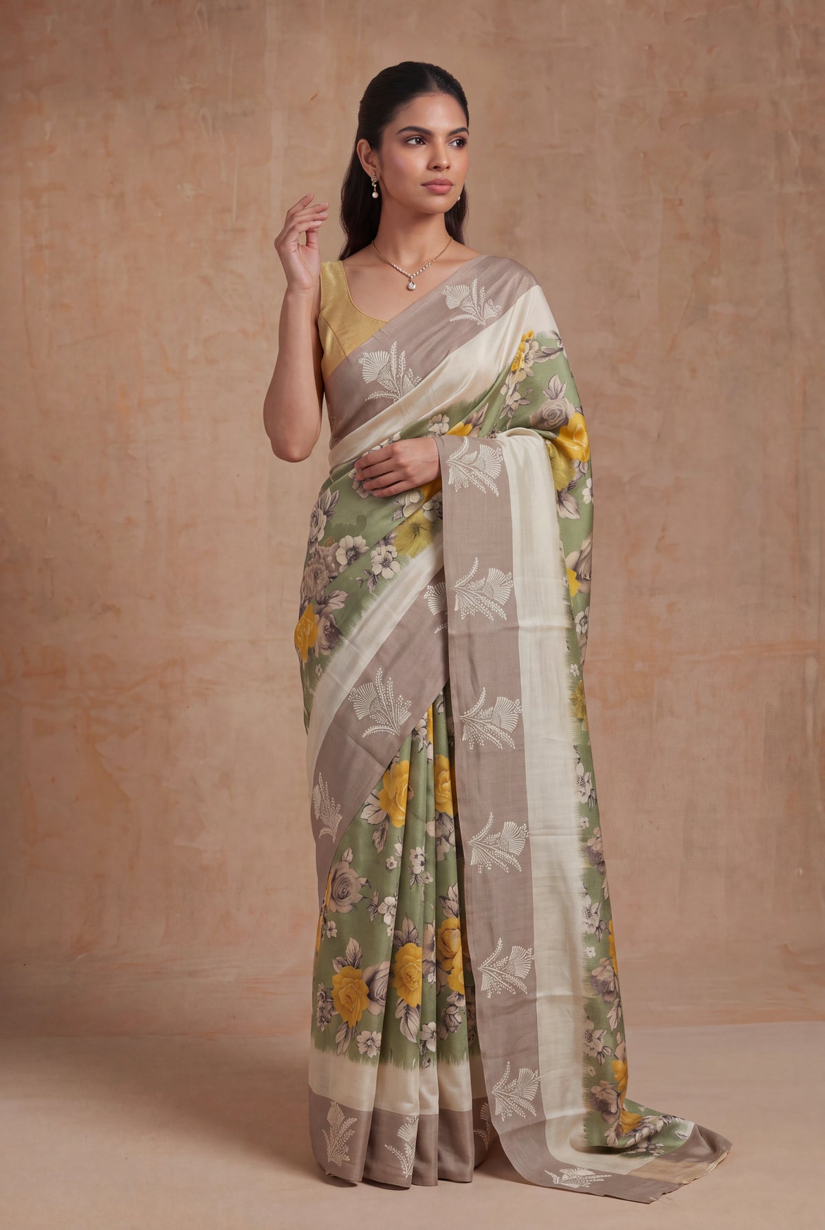 Sage Green Tussar Silk Saree - Mokshaa
