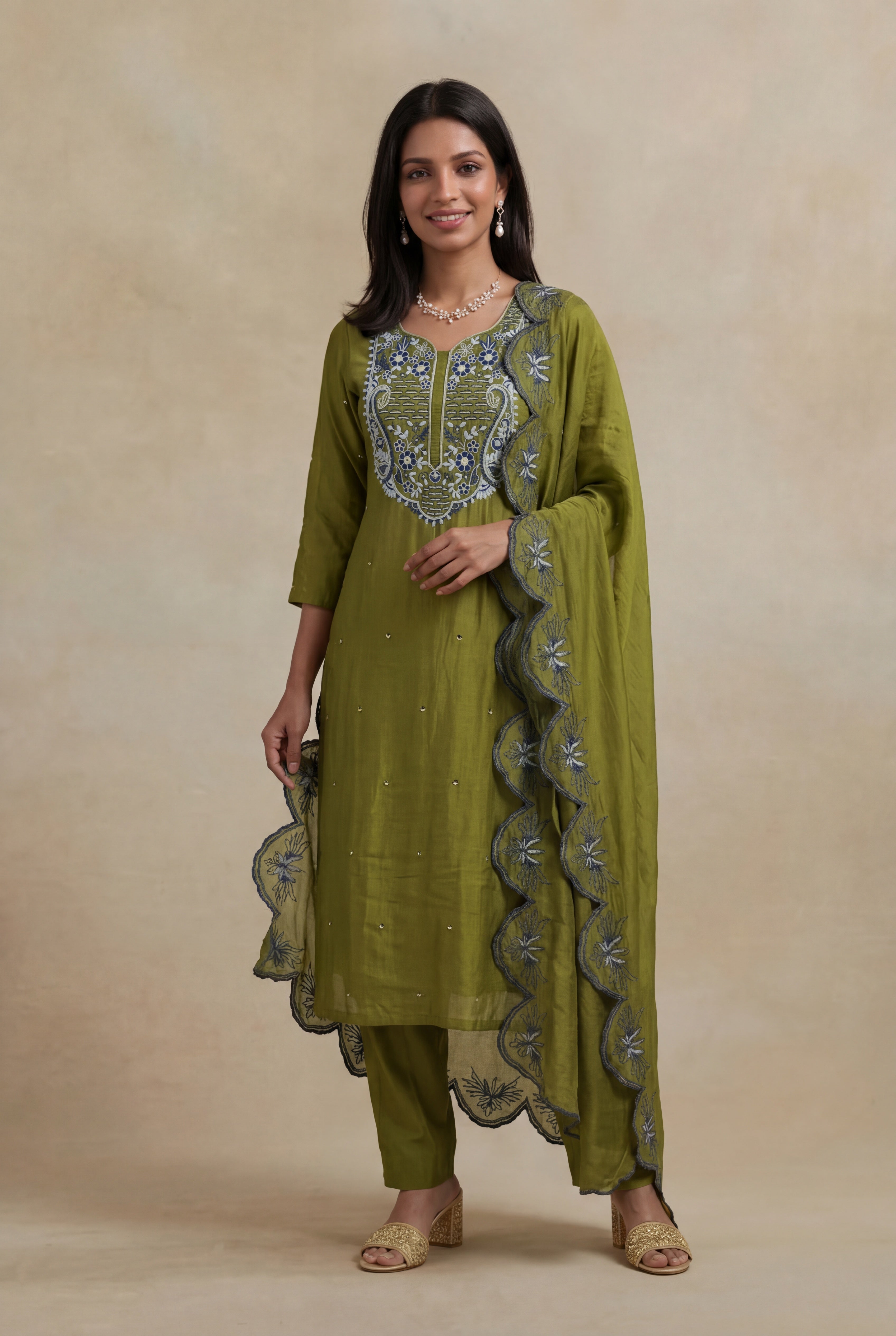 Olive Green Mulmul Cotton Straight Cut Salwar Set
