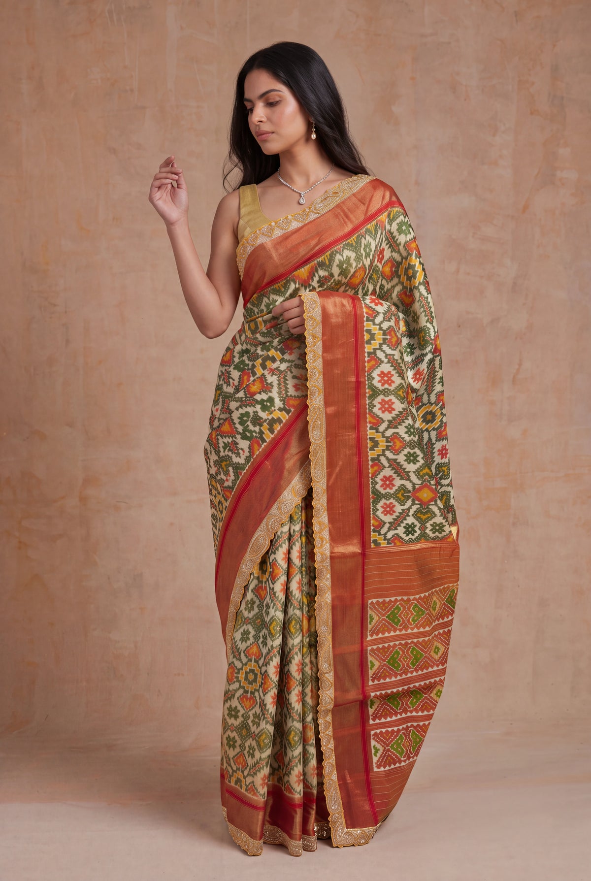 Cream Multicolor Ikat Tissue Silk Saree - Mokshaa