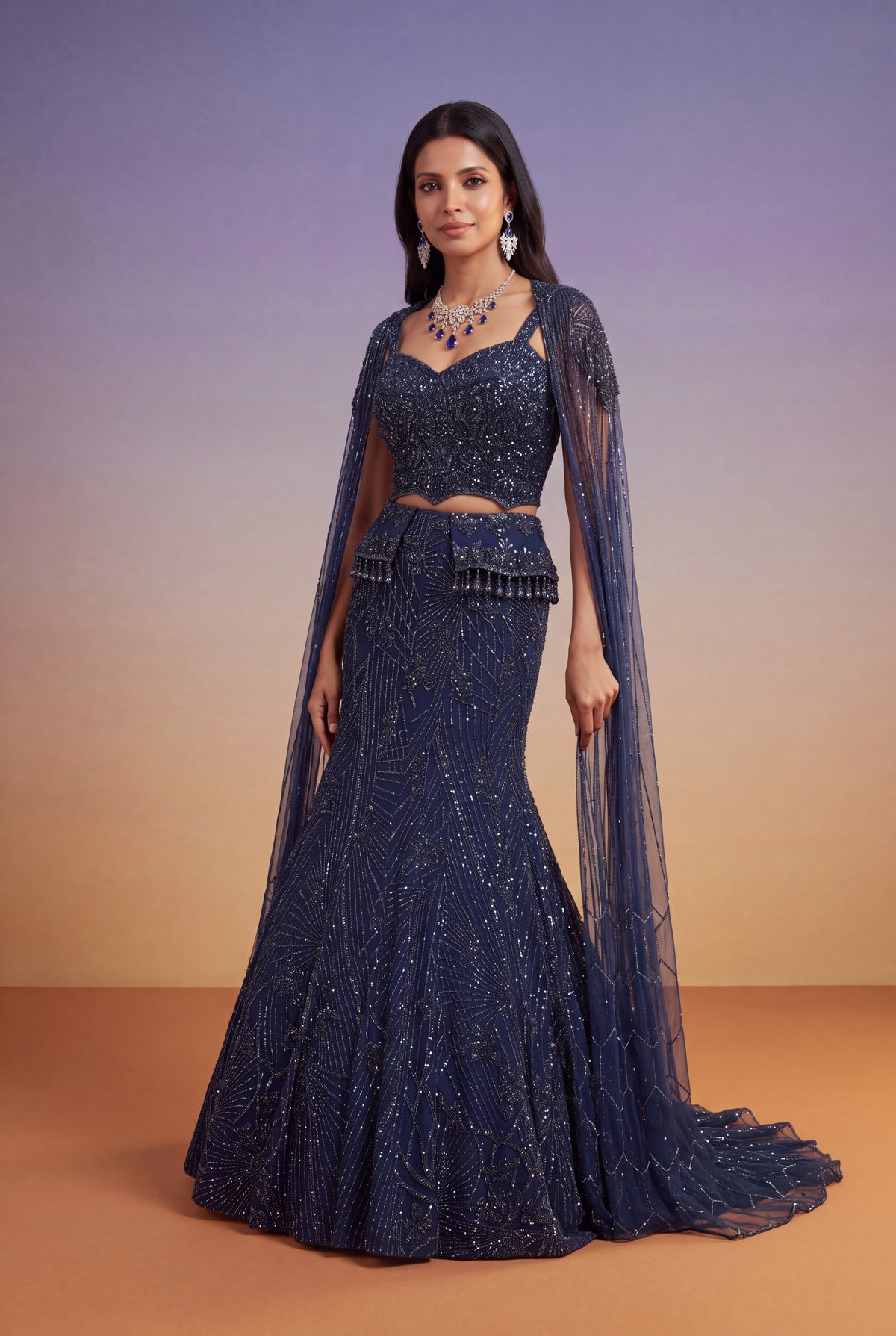 Navy Blue Embellished Fish-Cut Gown with Cape - Mokshaa
