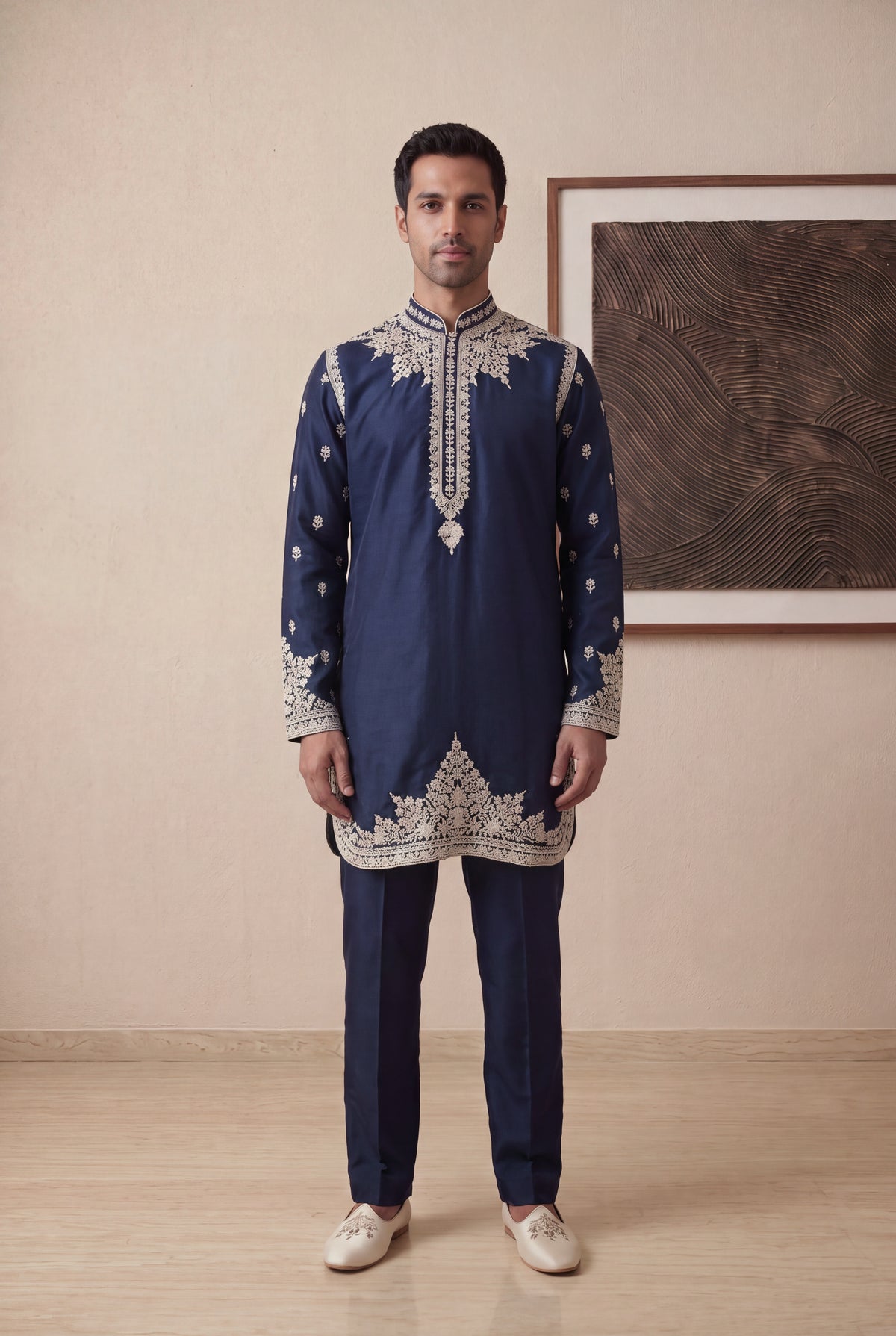 Navy Blue Silk Kurta Pant Set - Mokshaa
