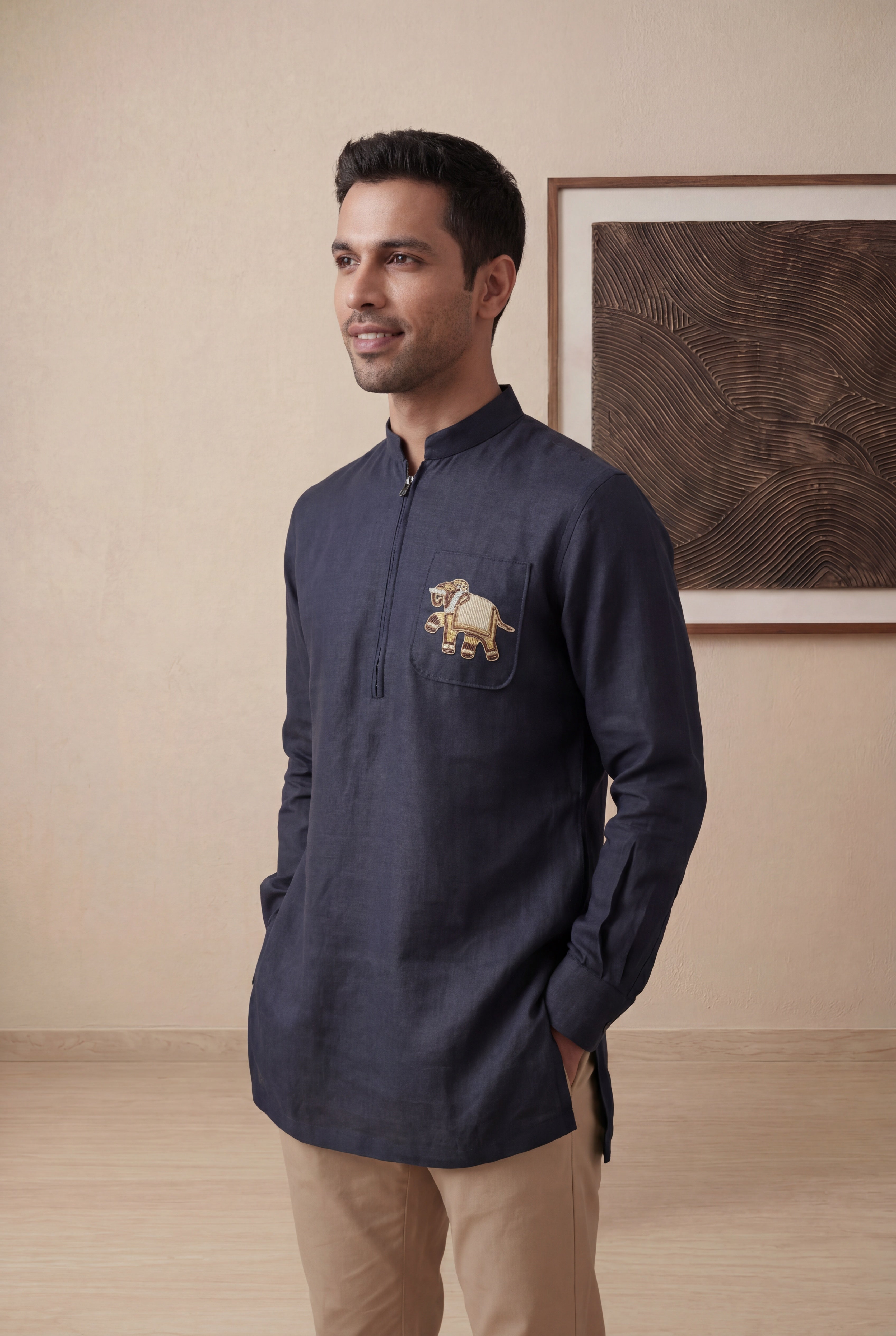 Navy Blue Linen Short Kurta with Elephant Embroidery