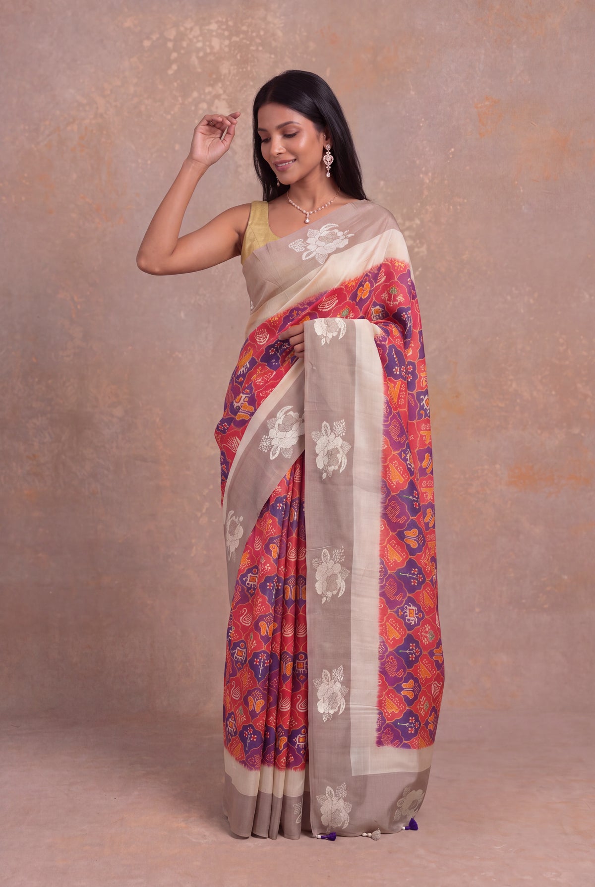 Multicolour Tussar Silk Saree with Ikkat Print - Mokshaa
