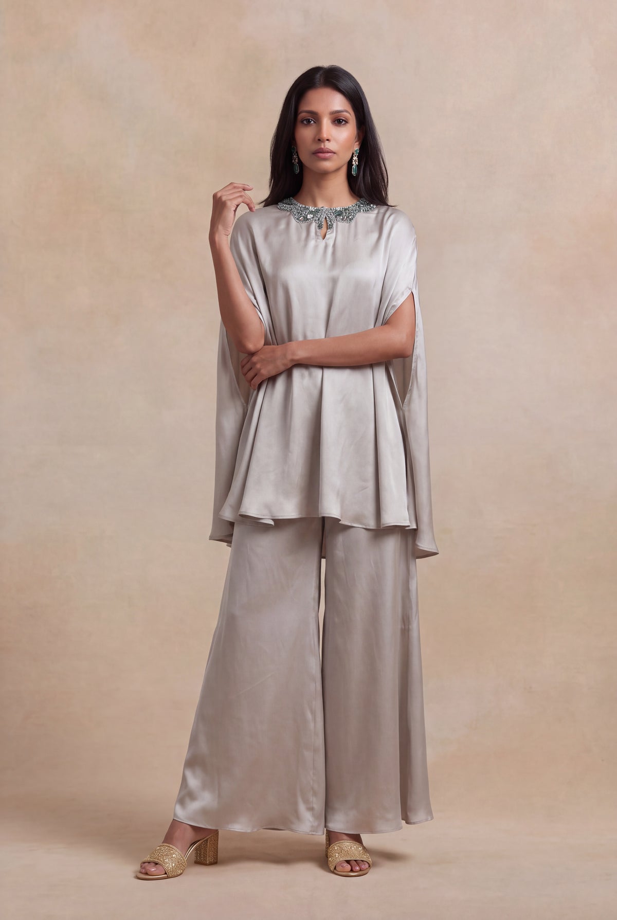Silver Grey Satin Silk Cape Set with Bead Embellishment - Mokshaa