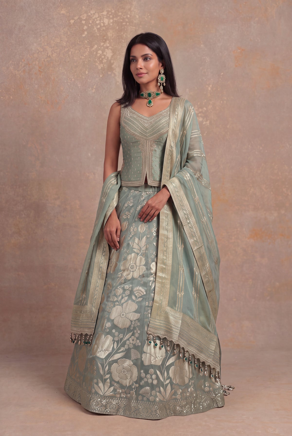 Sage Green Banarasi Tissue Silk Lehenga with Embellished Blouse - Mokshaa