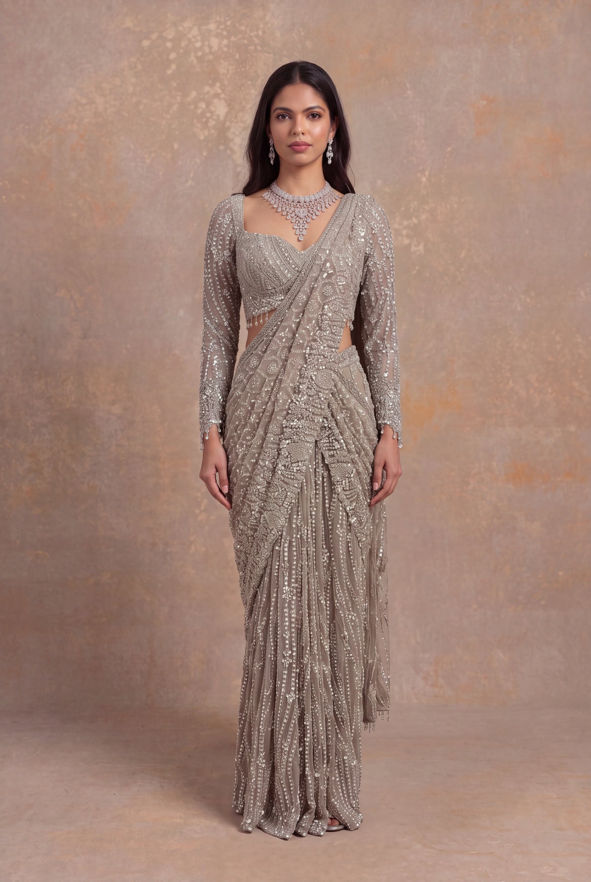 Beige Embellished Net Pre-Draped Saree - Mokshaa