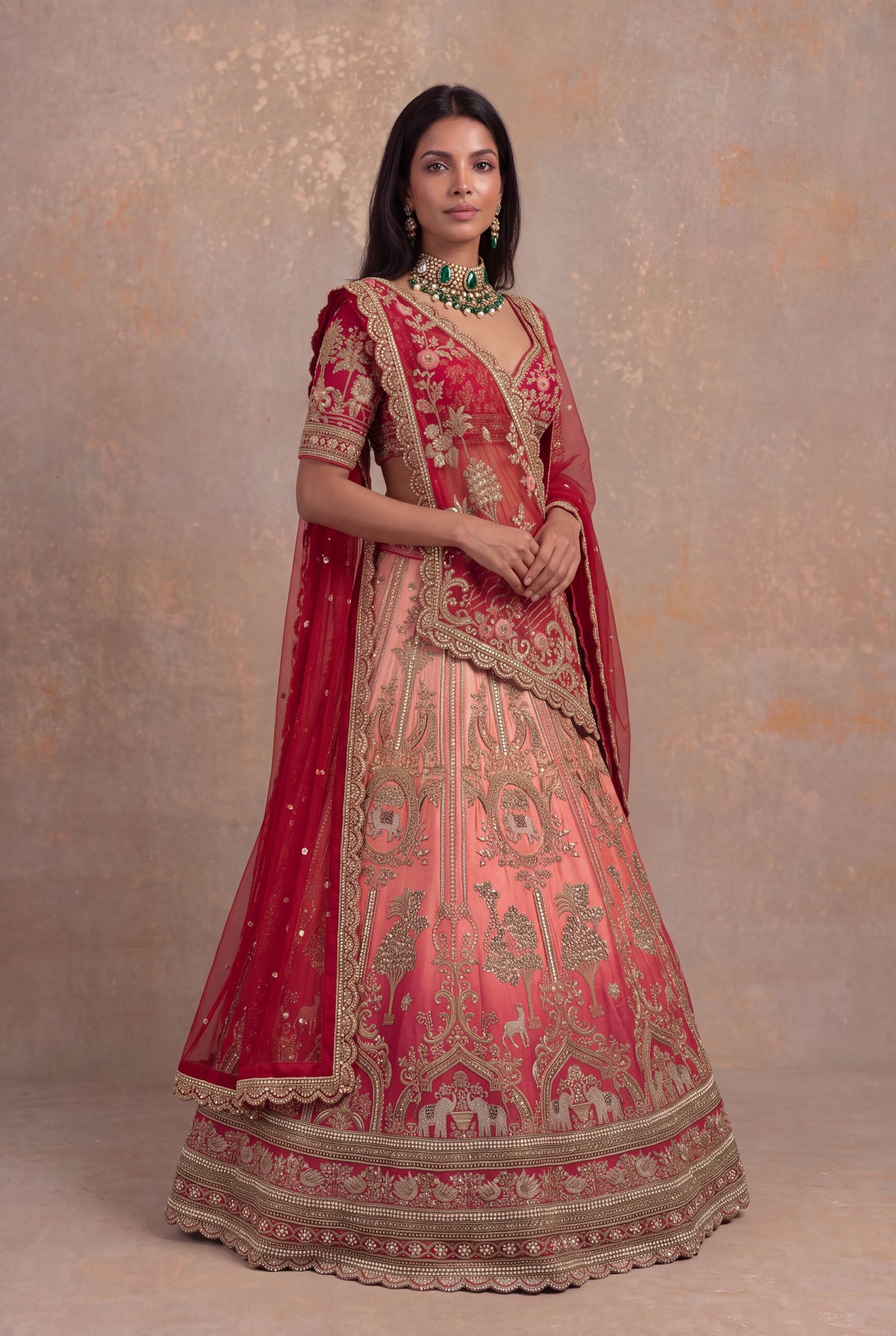 Red & Peach Silk Bridal Lehenga - Mokshaa