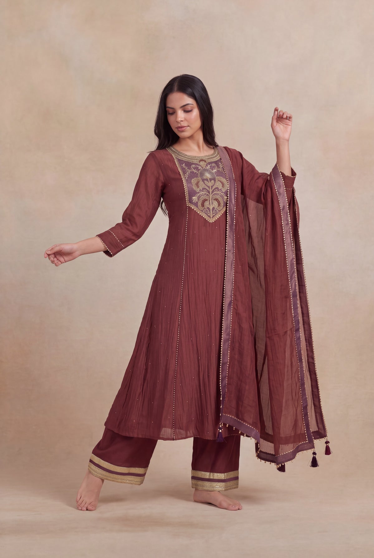 Wine Mul Cotton Zardosi A-Line Salwar Set - Mokshaa