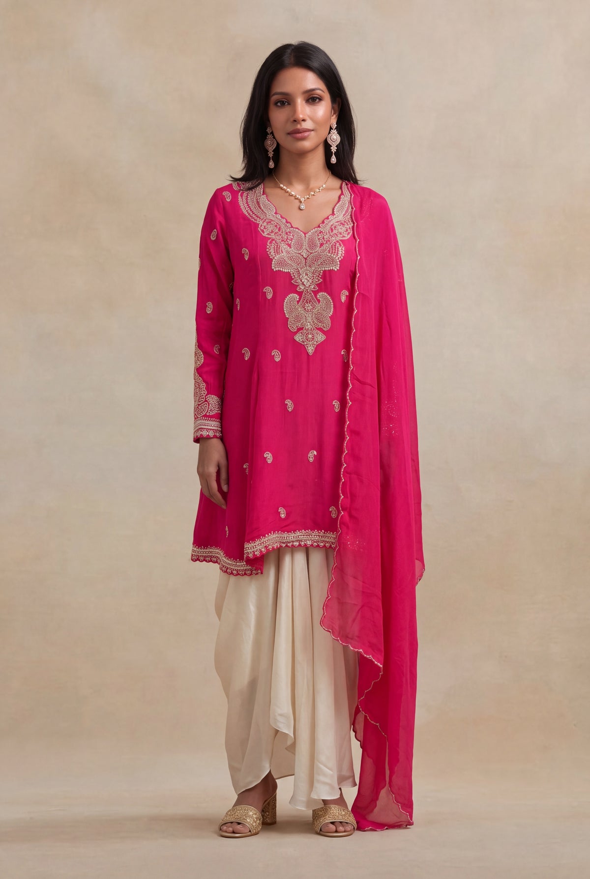 Rani Pink Chinon Indo-Western Drape Set - Mokshaa