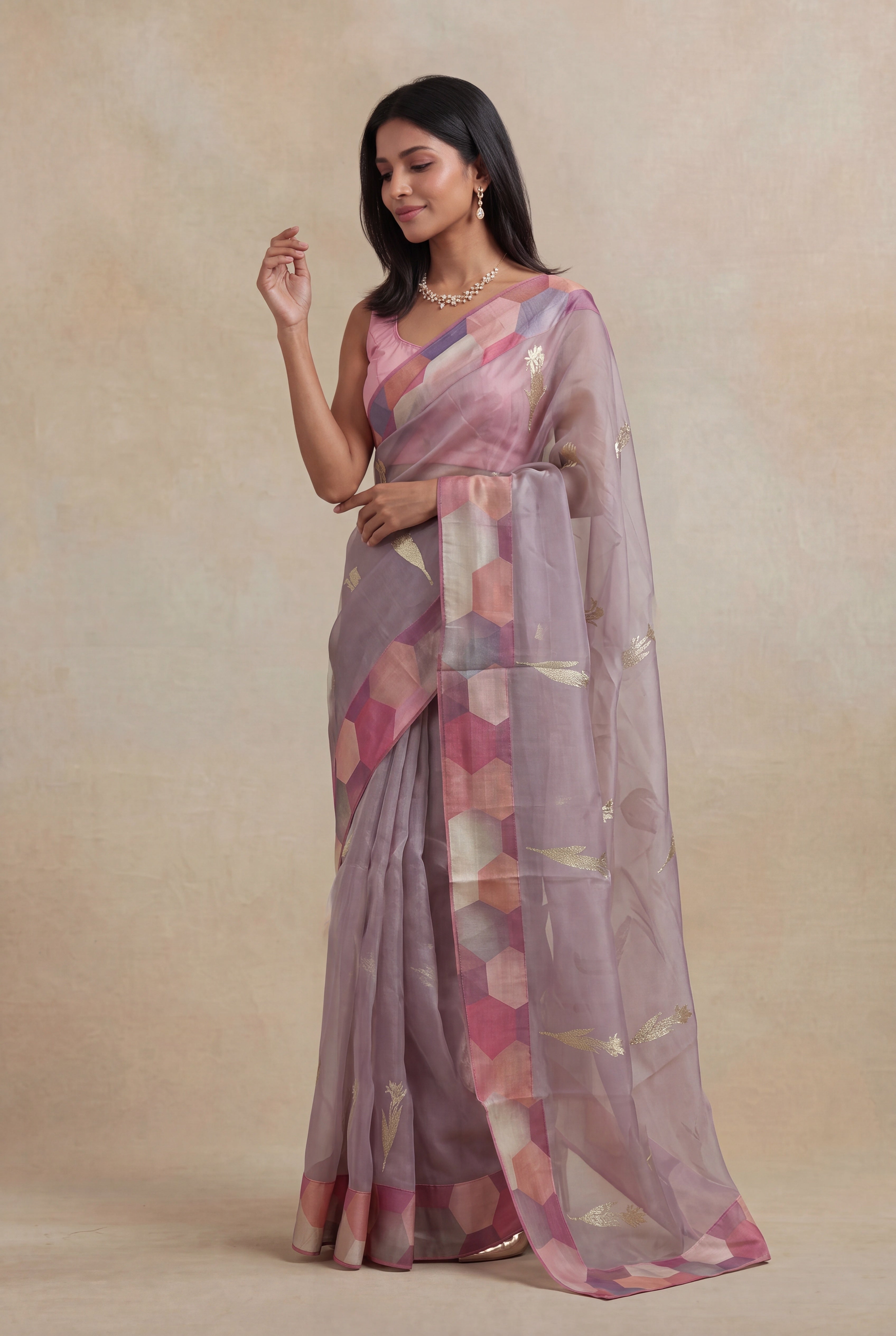 Peach Silk Kora Saree