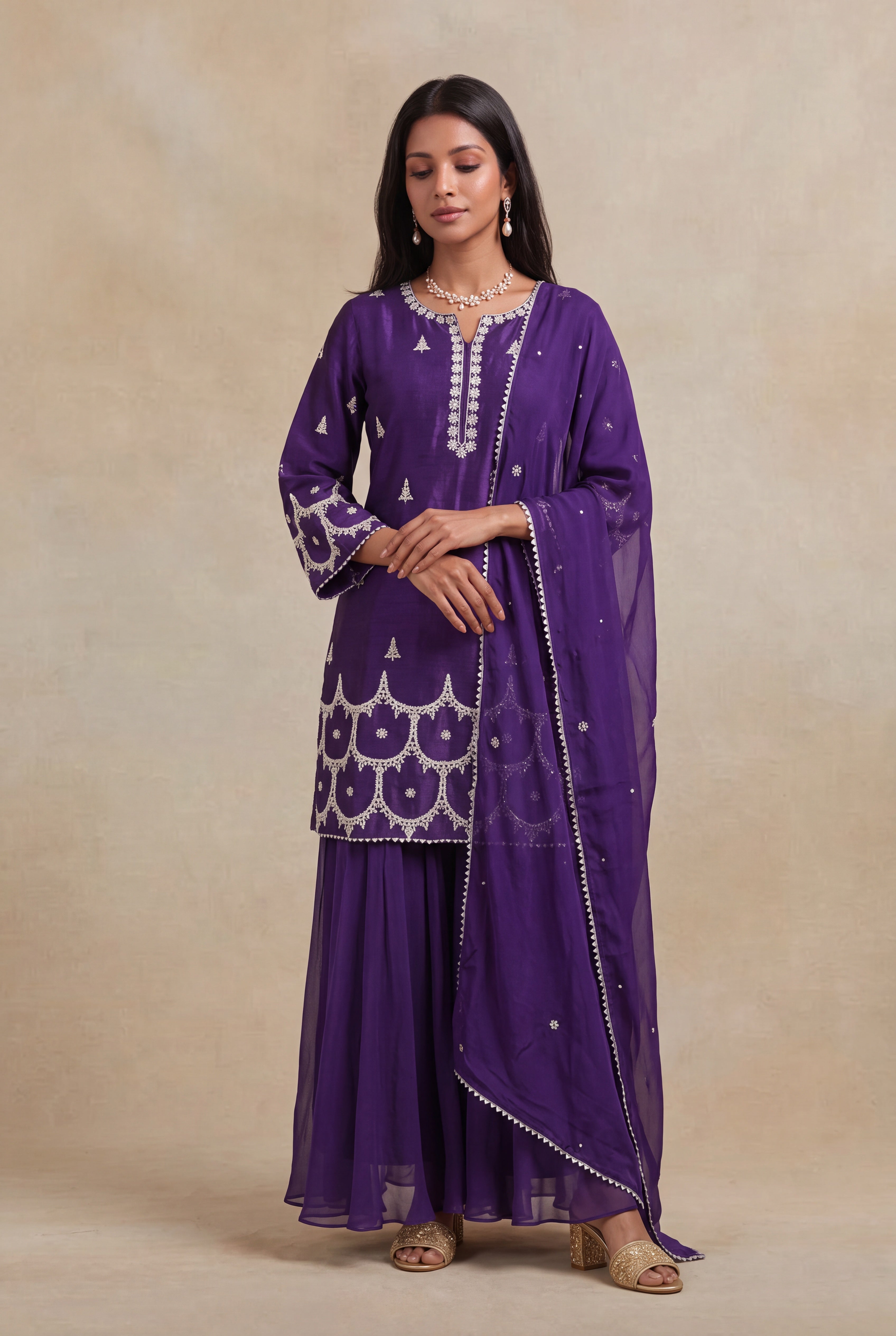 Purple Raw Silk Sharara Set with Zari & Sequin Work
