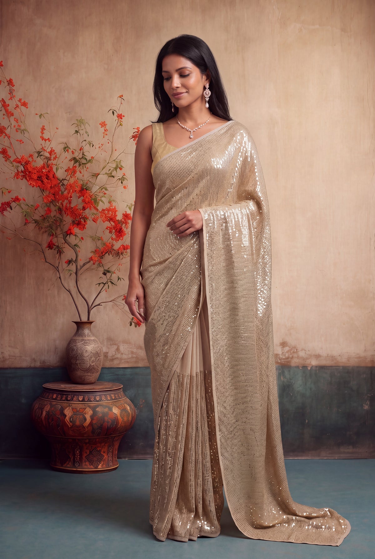Beige Georgette Saree - Mokshaa