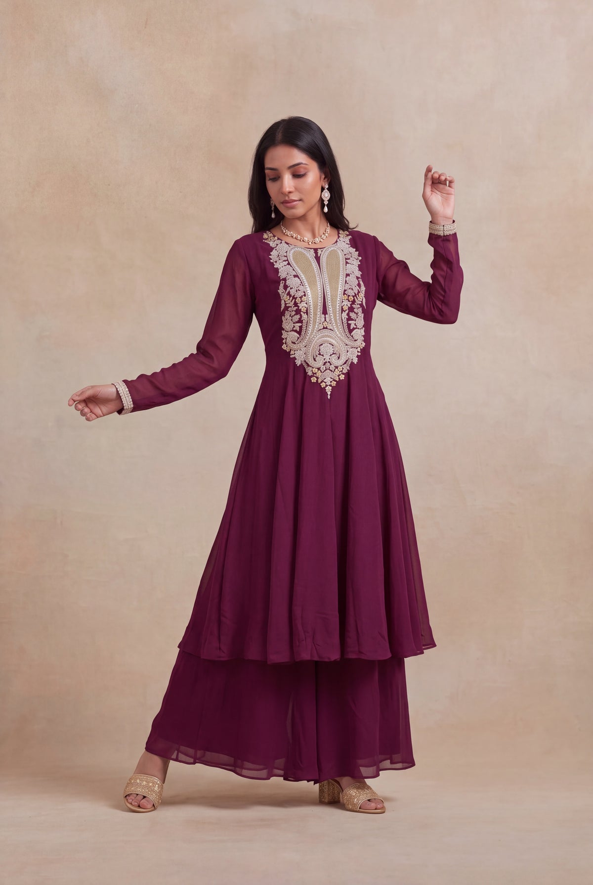 Wine Georgette Indo-Western Set - Mokshaa