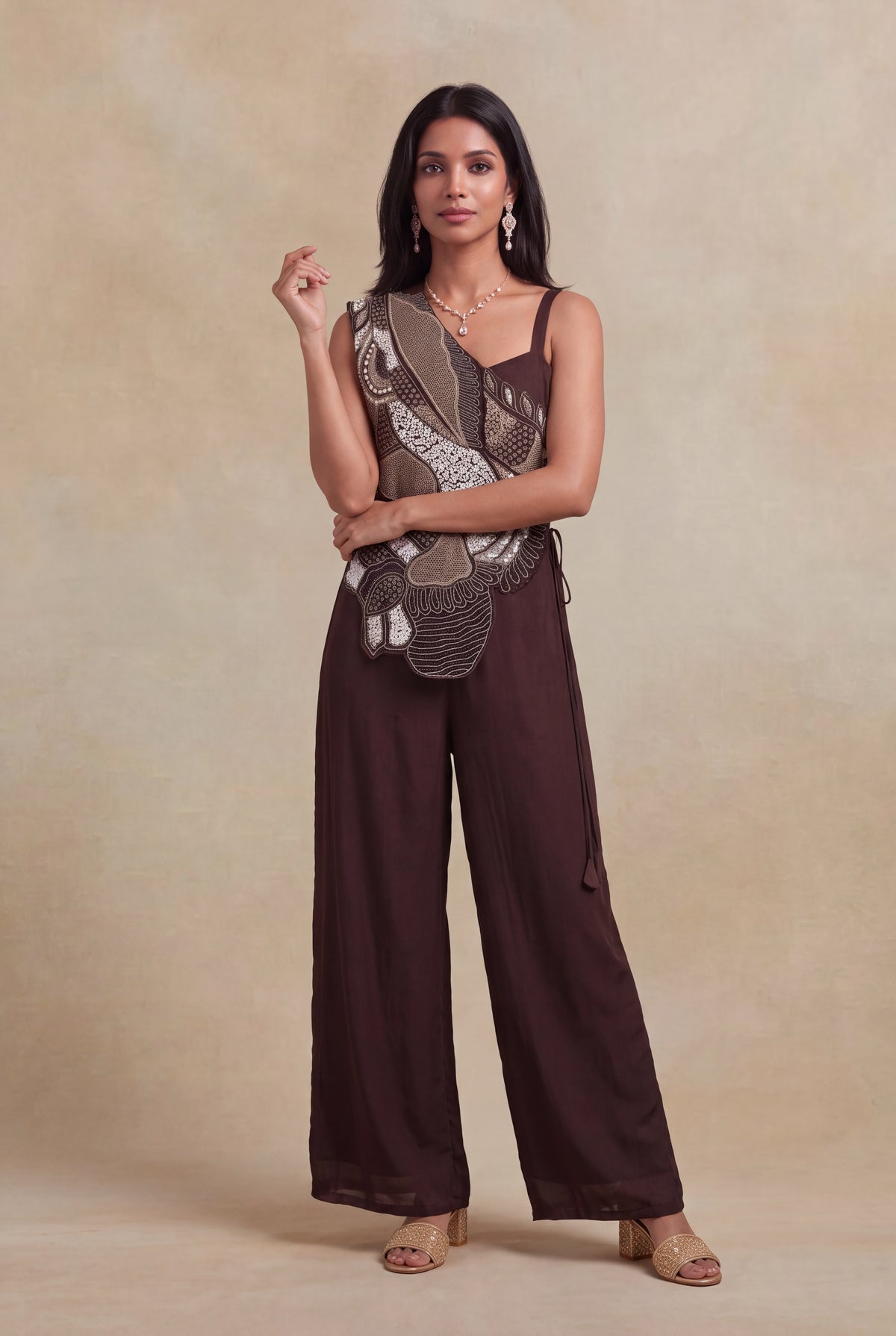 Chocolate Brown Crepe Jumpsuit - Mokshaa