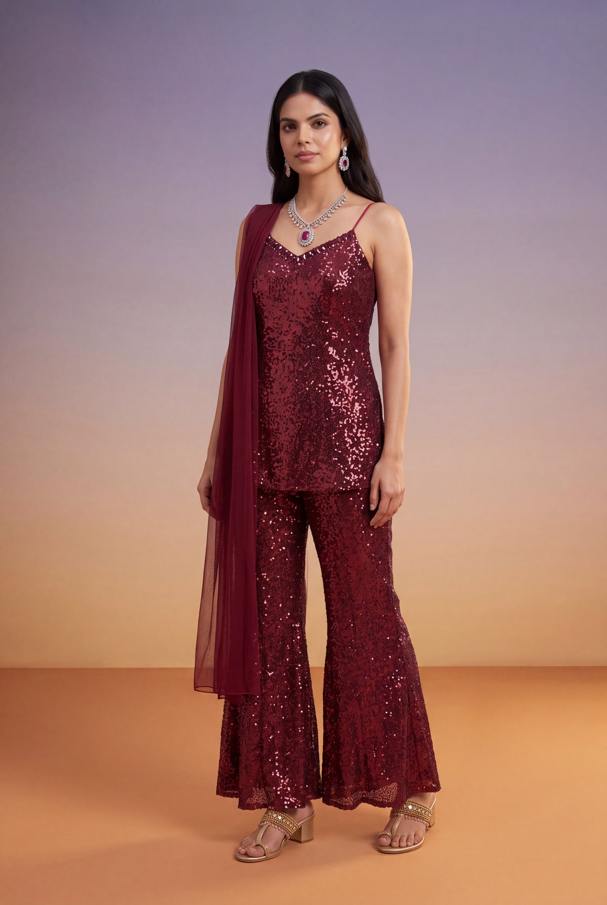 Wine Sequin Indo-Western Palazzo Set with Dupatta - Mokshaa