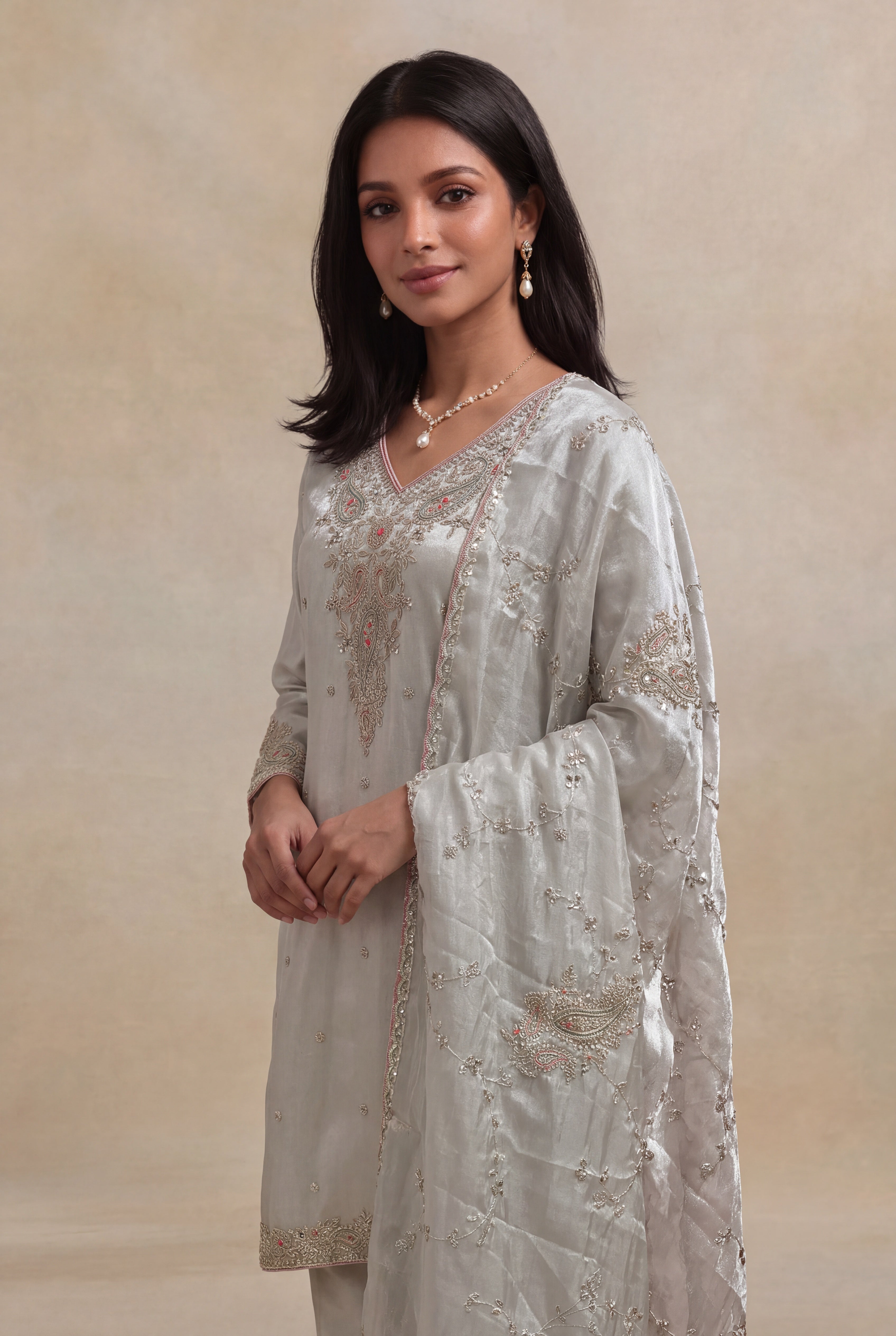 Silver Grey Tissue Straight Cut Salwar Set