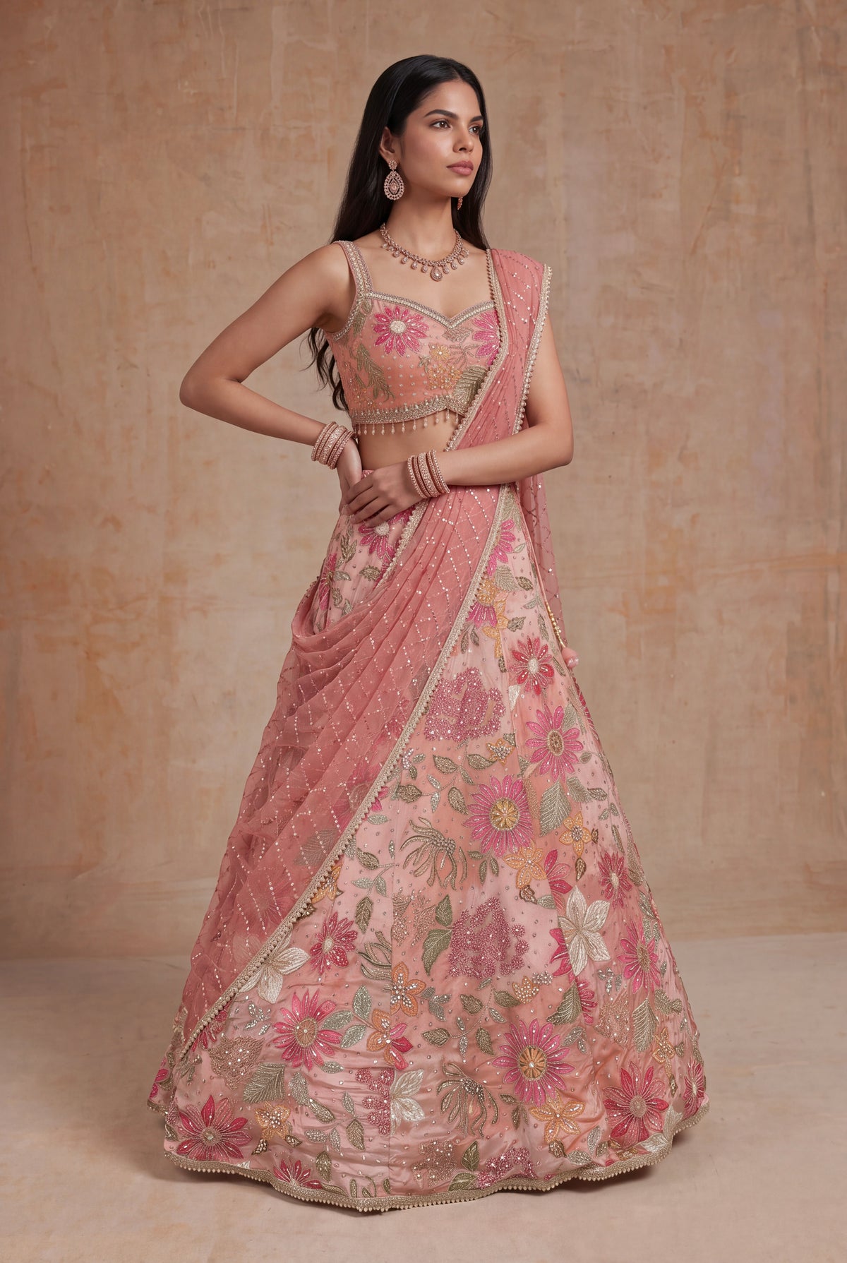 Peach Crepe Silk Lehenga - Mokshaa