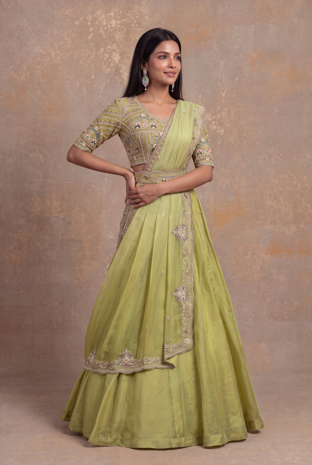 Pastel Green Organza Draped Lehenga - Mokshaa
