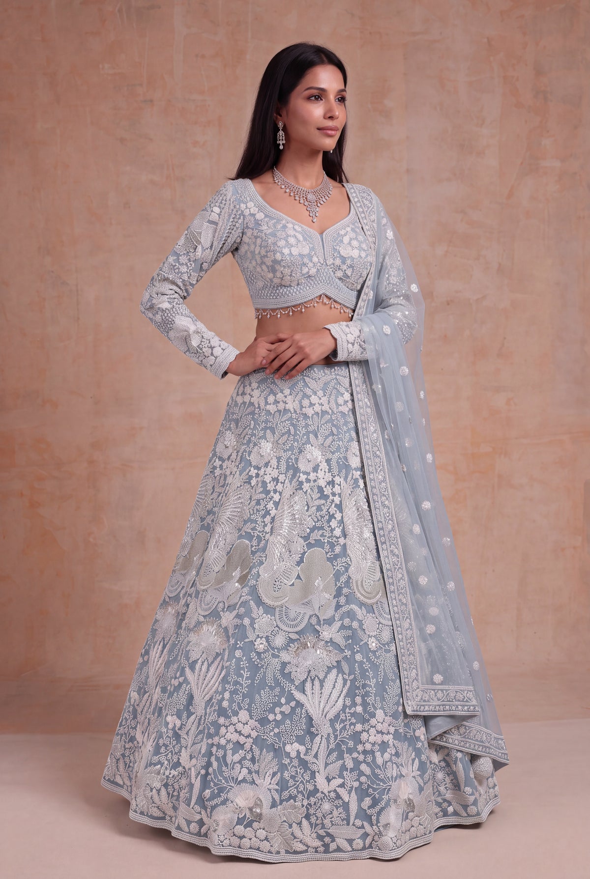 Sky Blue Net Lehenga with White Sequin and Pearl Work - Mokshaa