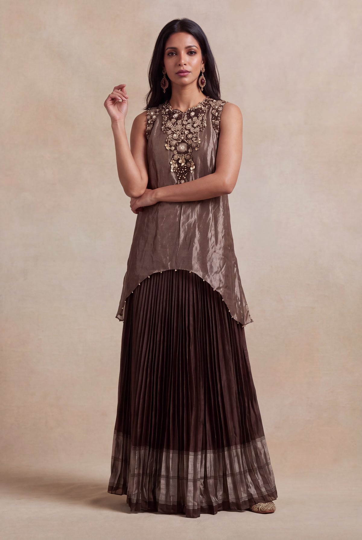 Bronze Crushed Tissue Top with Woven Silk Pleated Skirt - Mokshaa