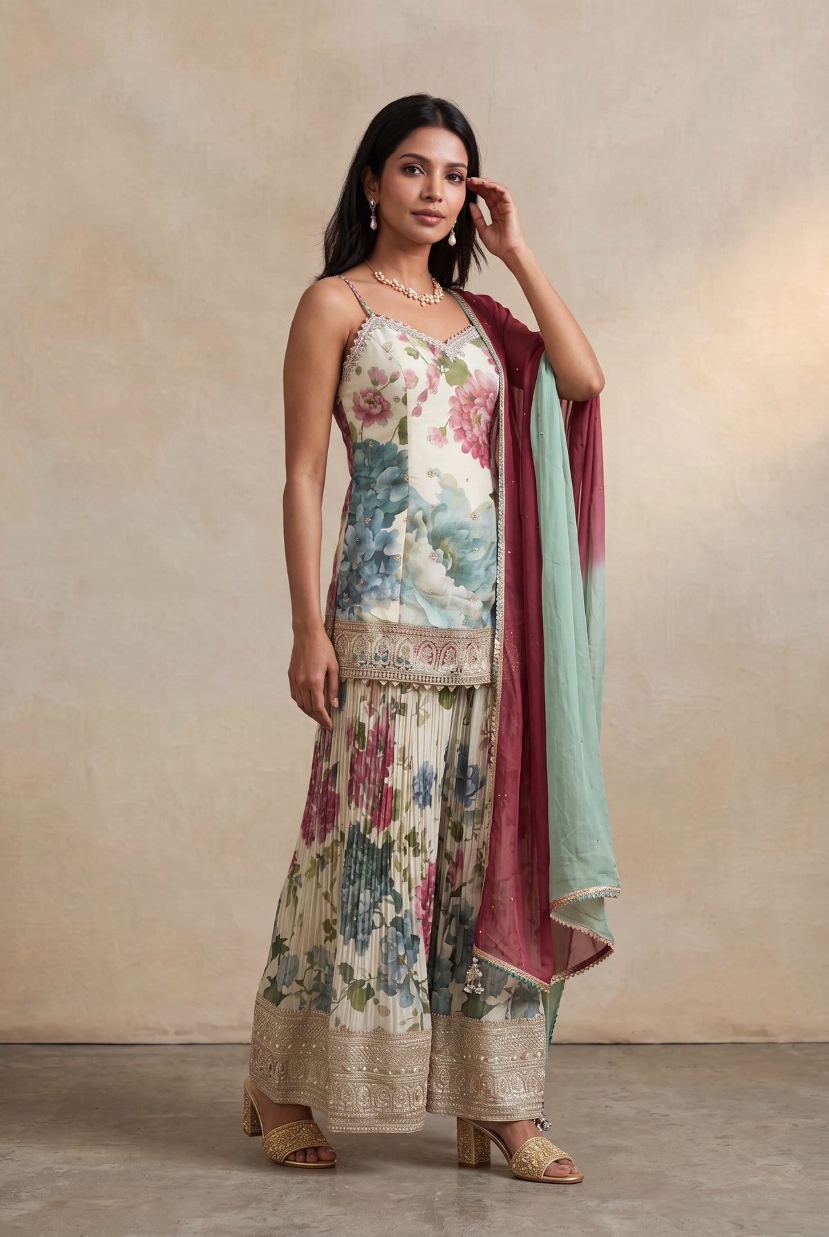 Ivory Floral Printed Tissue Sharara Set with Zari Border - Mokshaa