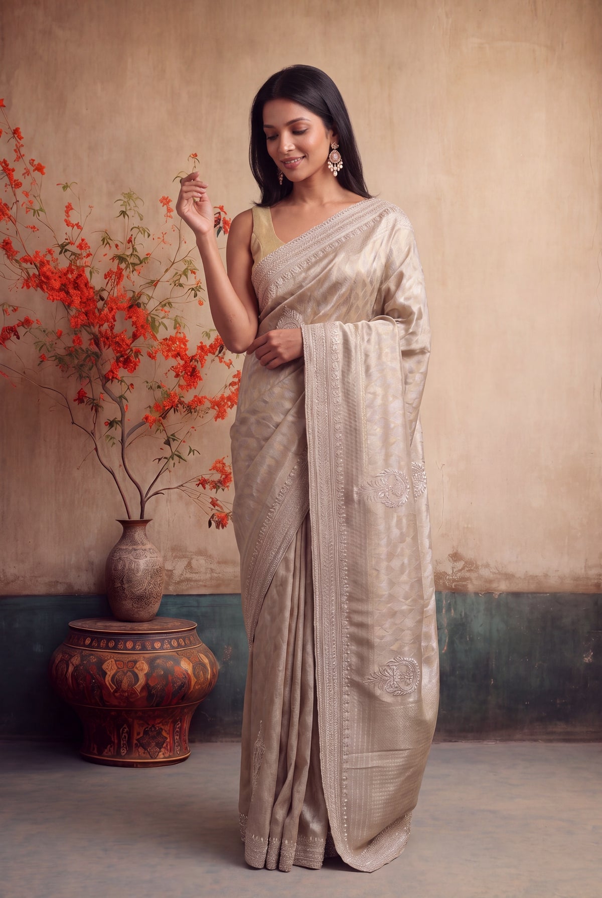 Rose Gold Zari Weave Saree with Zardosi Work - Mokshaa