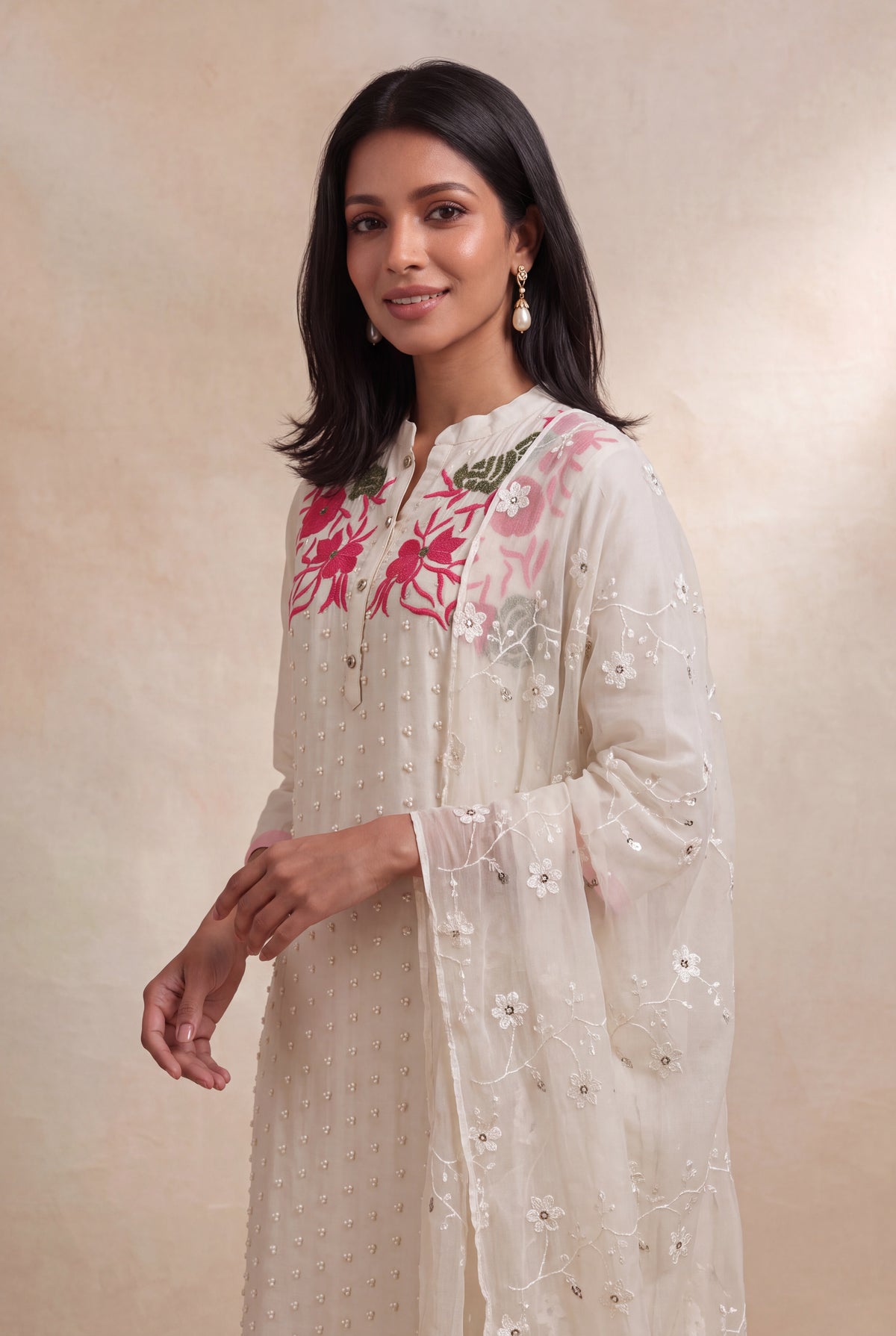 Ivory Silk Straight-Cut Salwar Set - Mokshaa