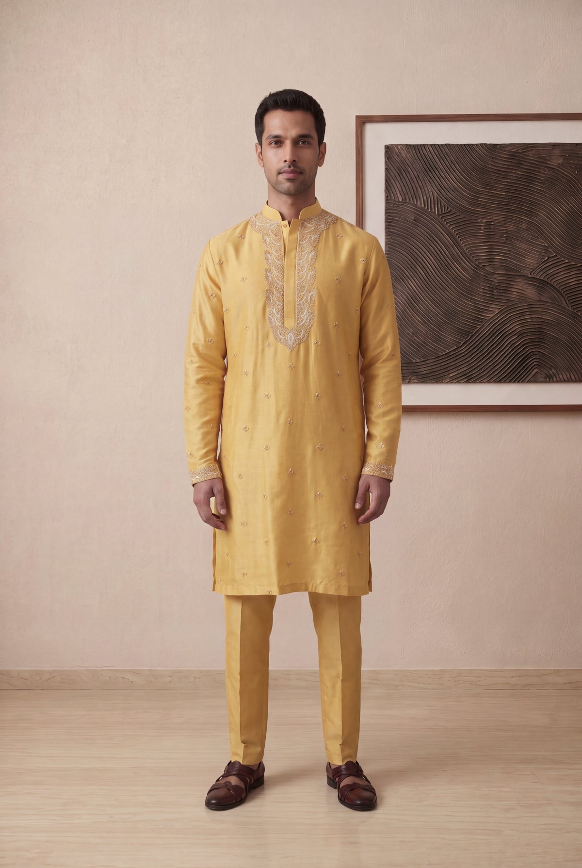 Yellow Raw Silk Embroidered Kurta Pant - Mokshaa