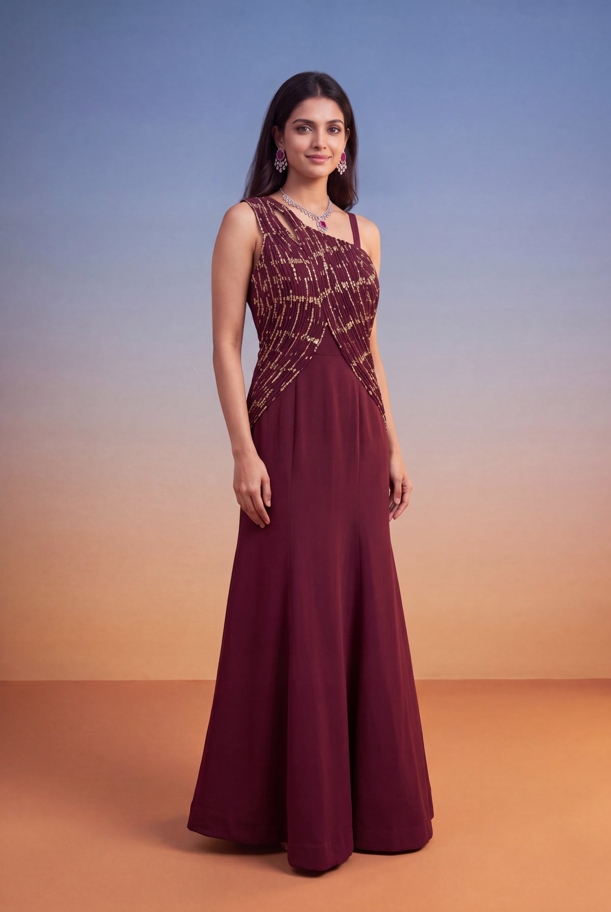 Wine Silk Banarasi Weave Western Gown - Mokshaa