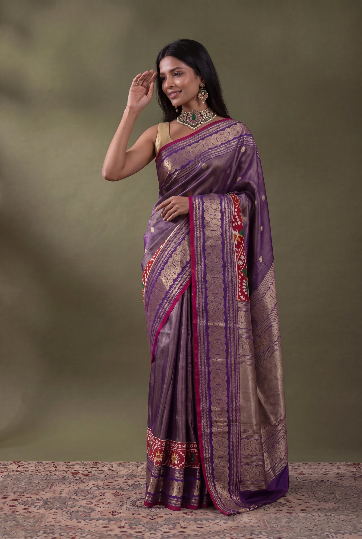 Purple Kanchipuram Silk Fusion Saree with Patan Patola Border - Mokshaa