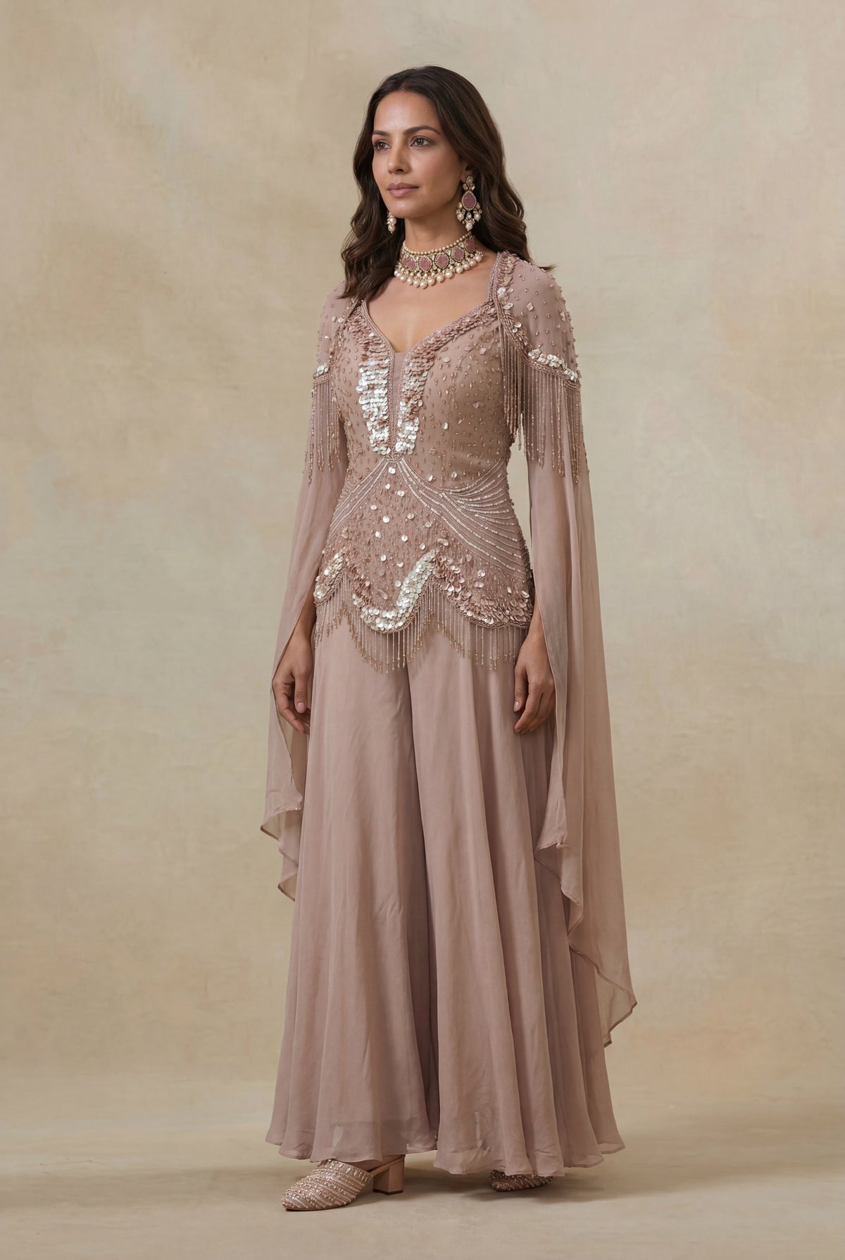 Dusty Mauve Georgette Sequin & Katdana Indo Western Set - Mokshaa