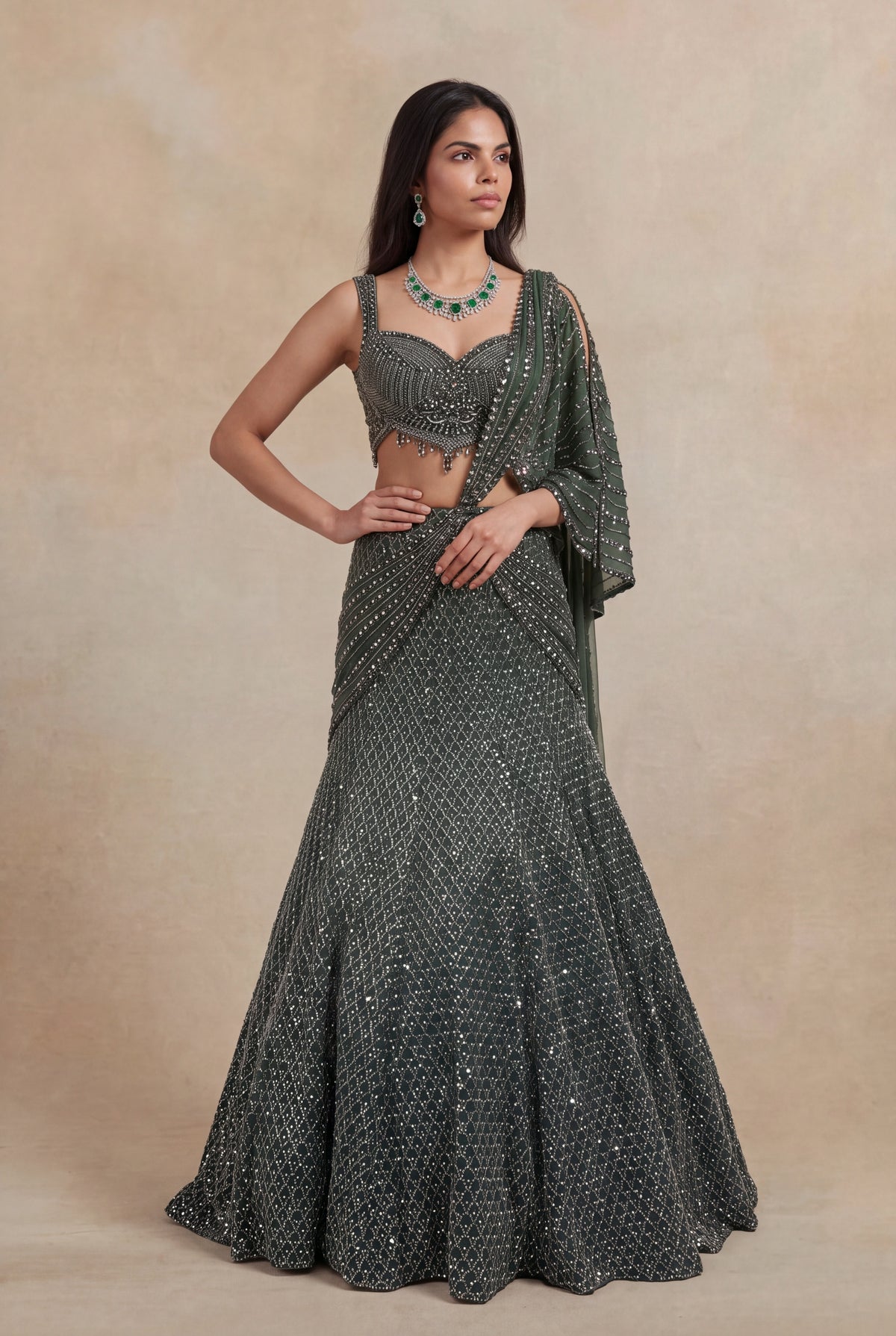 Mehandi Green Net Lehenga - Mokshaa