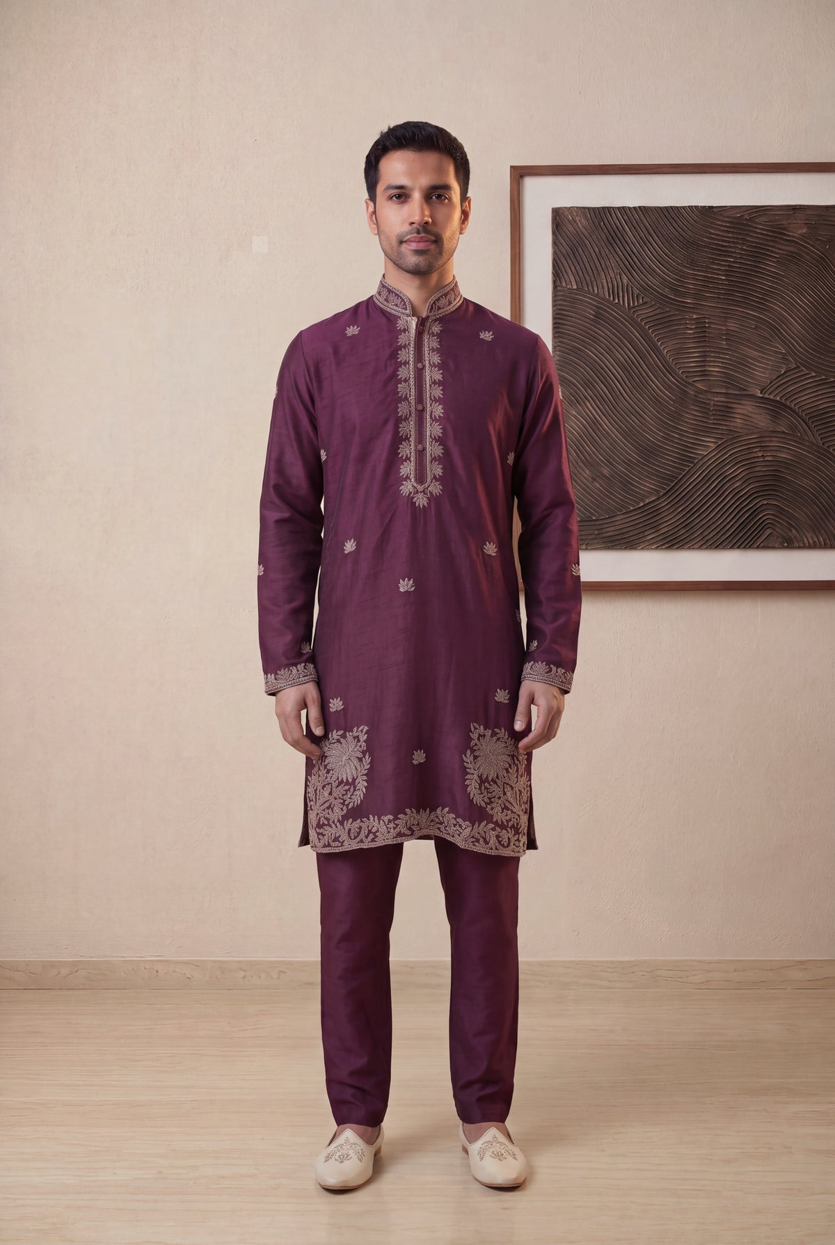 Wine Raw Silk Kurta Pant Set - Mokshaa