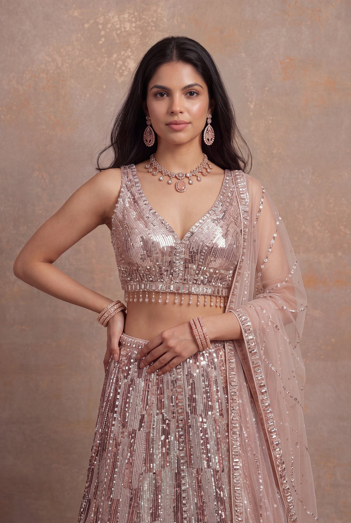 Peach Sequin & Katdana Embellished Net Lehenga - Mokshaa