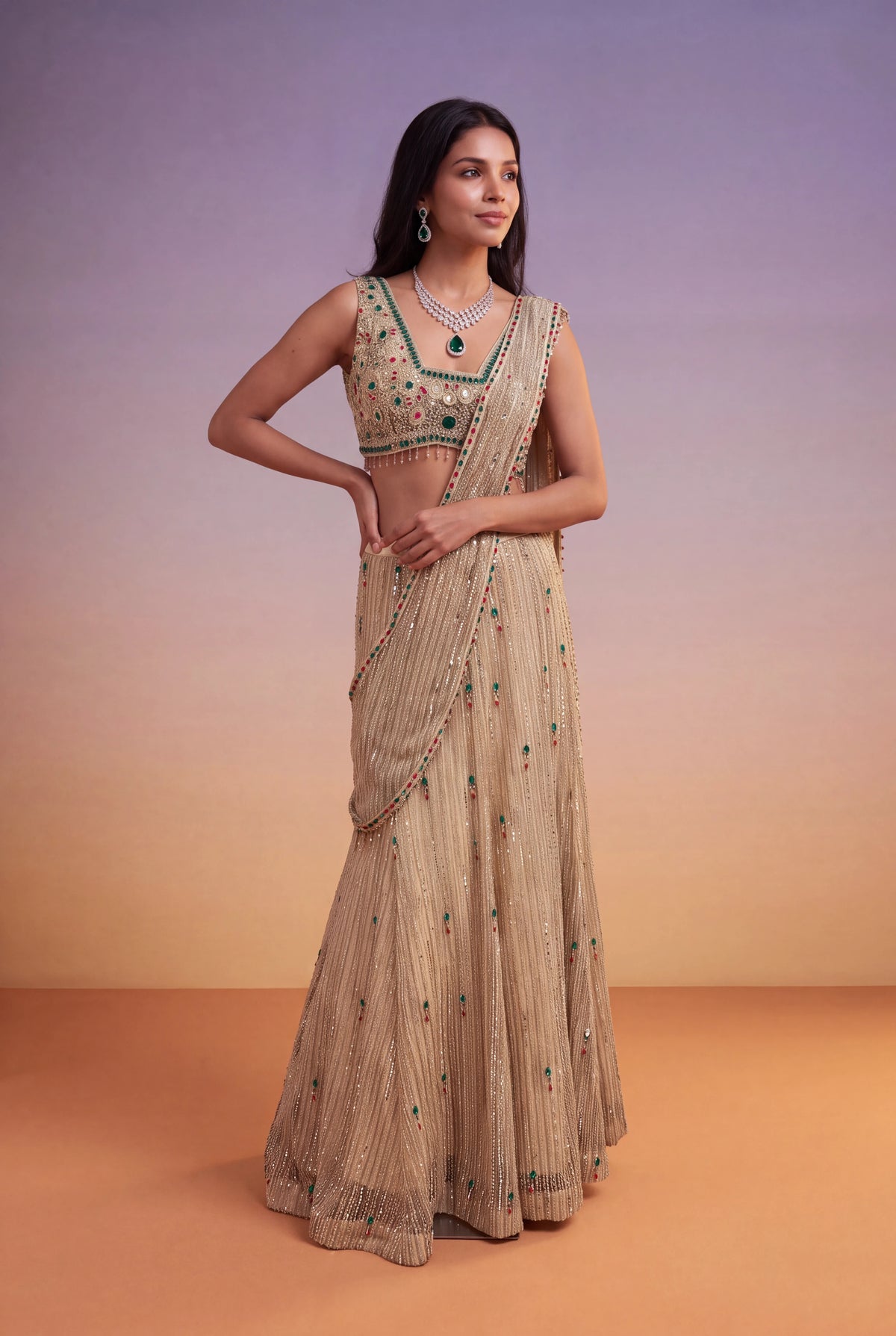 Gold Net Mermaid Lehenga with Jewel-Stone & Kutdana Embroidery - Mokshaa