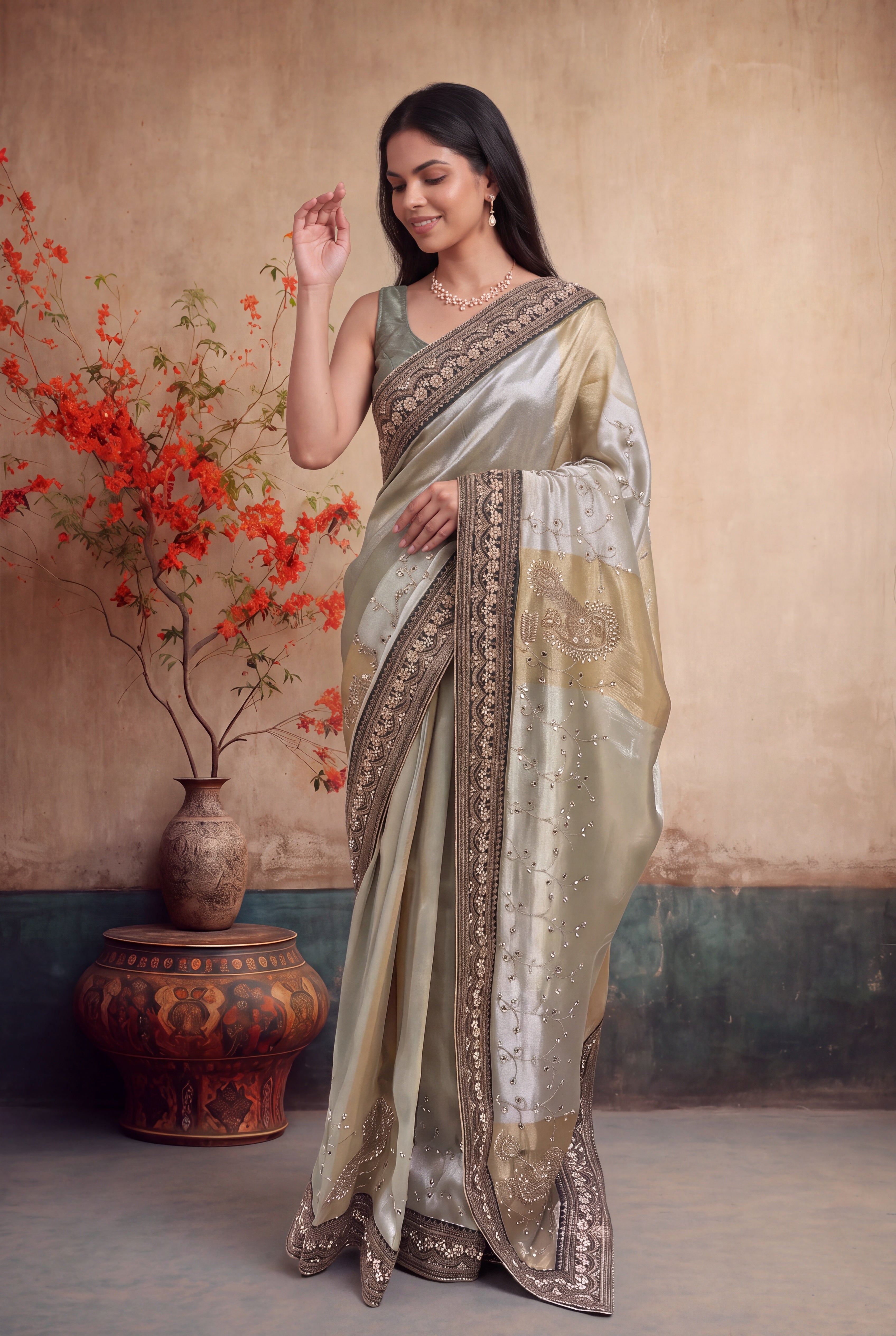Pista Green & Gold Tissue Saree with Antique Border