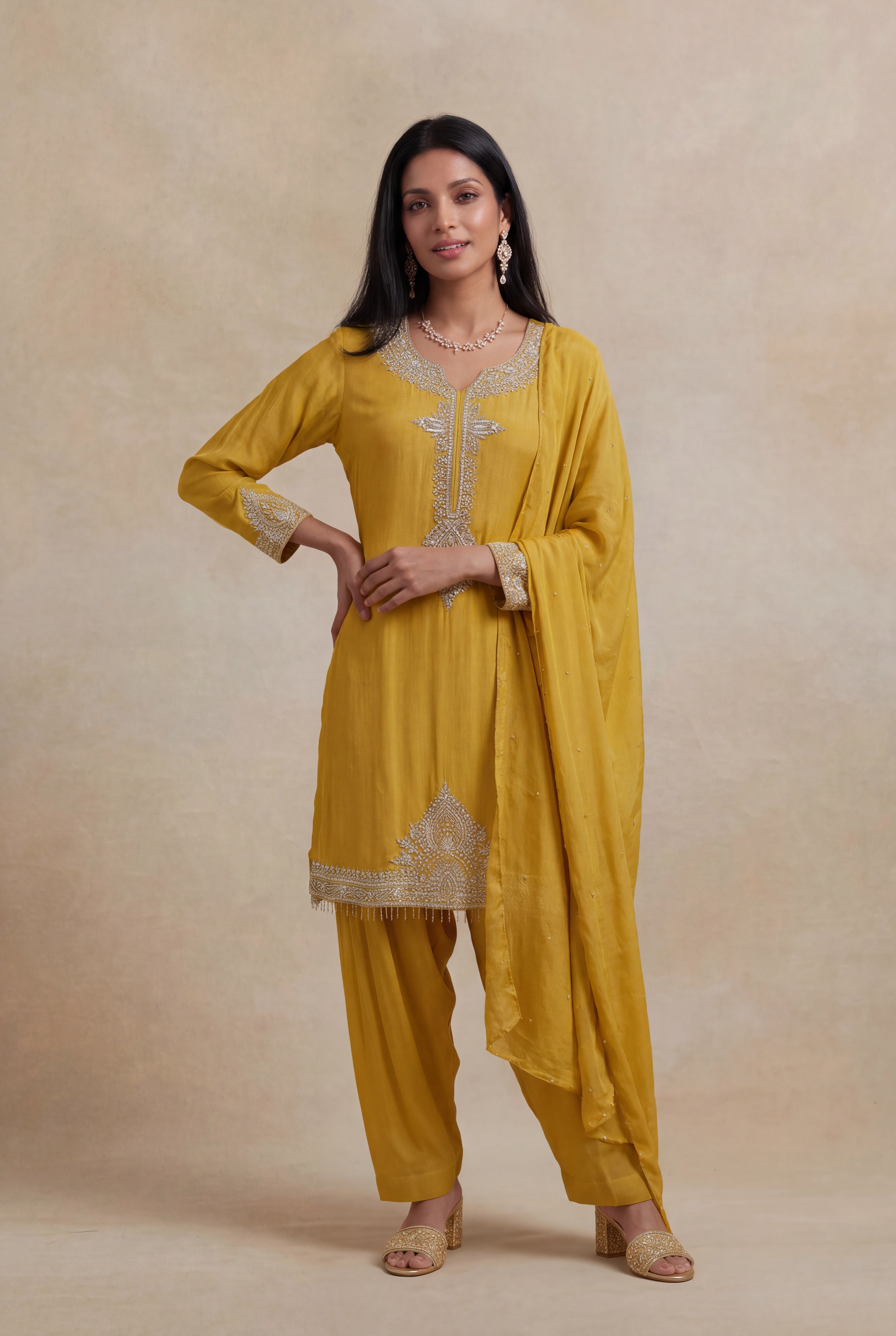 Mustard Yellow Crepe Embroidered Short Top Sharara Set